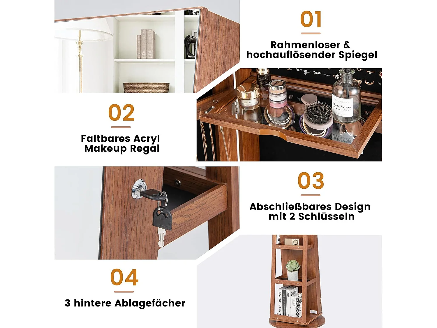 Sieradenkast met led, spiegelkast, 360 graden draaibaar, met frameloze full-body spiegel, sieradenorganizer afsluitbaar, sieradenopslag (bruin)VH32652