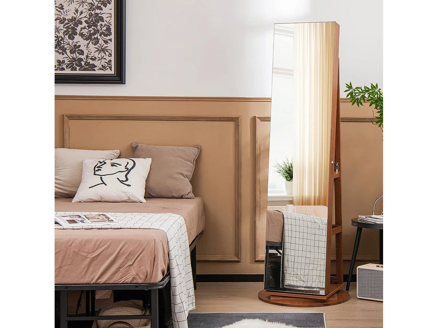 Sieradenkast met led, spiegelkast, 360 graden draaibaar, met frameloze full-body spiegel, sieradenorganizer afsluitbaar, sieradenopslag (bruin)VH32652