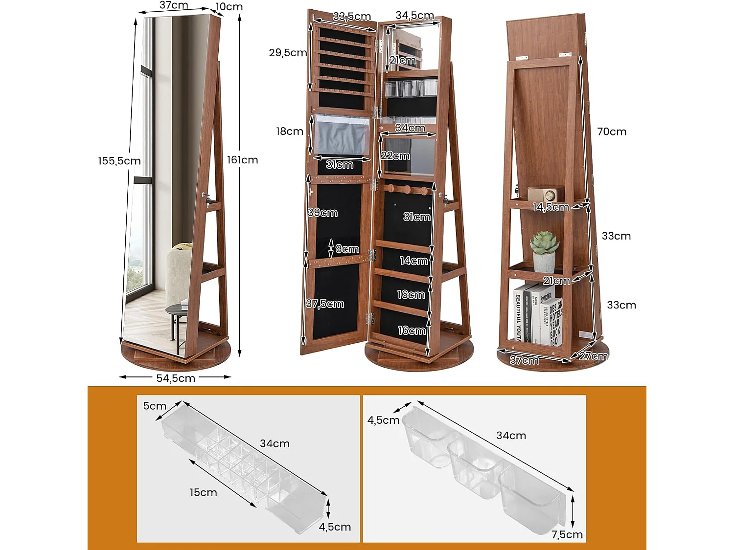 Sieradenkast met led, spiegelkast, 360 graden draaibaar, met frameloze full-body spiegel, sieradenorganizer afsluitbaar, sieradenopslag (bruin)VH32652