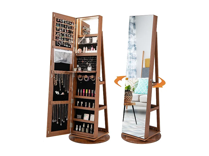 Sieradenkast met led, spiegelkast, 360 graden draaibaar, met frameloze full-body spiegel, sieradenorganizer afsluitbaar, sieradenopslag (bruin)VH32652