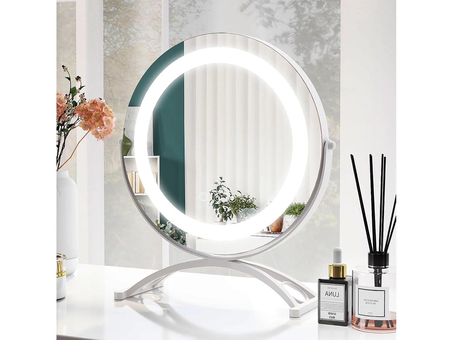 Make-upspiegel met verlichting, make-upspiegel met aanraakschakelaar en geheugenfunctie, dimbaar,tafelspiegel voor kaptafel en bureau, 32,5 x 12,5 x 35,5 cmTG32833