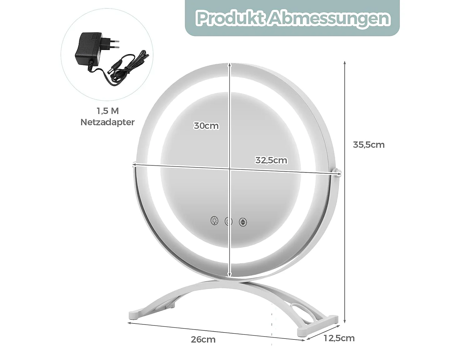 Make-upspiegel met verlichting, make-upspiegel met aanraakschakelaar en geheugenfunctie, dimbaar,tafelspiegel voor kaptafel en bureau, 32,5 x 12,5 x 35,5 cmTG32833
