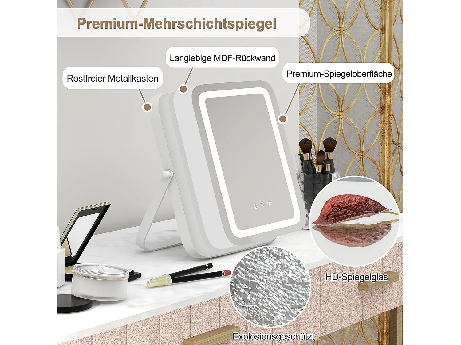 Make-upspiegel met verlichting,make-upspiegel met aanraakschakelaar en geheugenfunctie,dimbaar,hellingshoek verstelbaar,tafelspiegel voor kaptafel en bureauTG32836