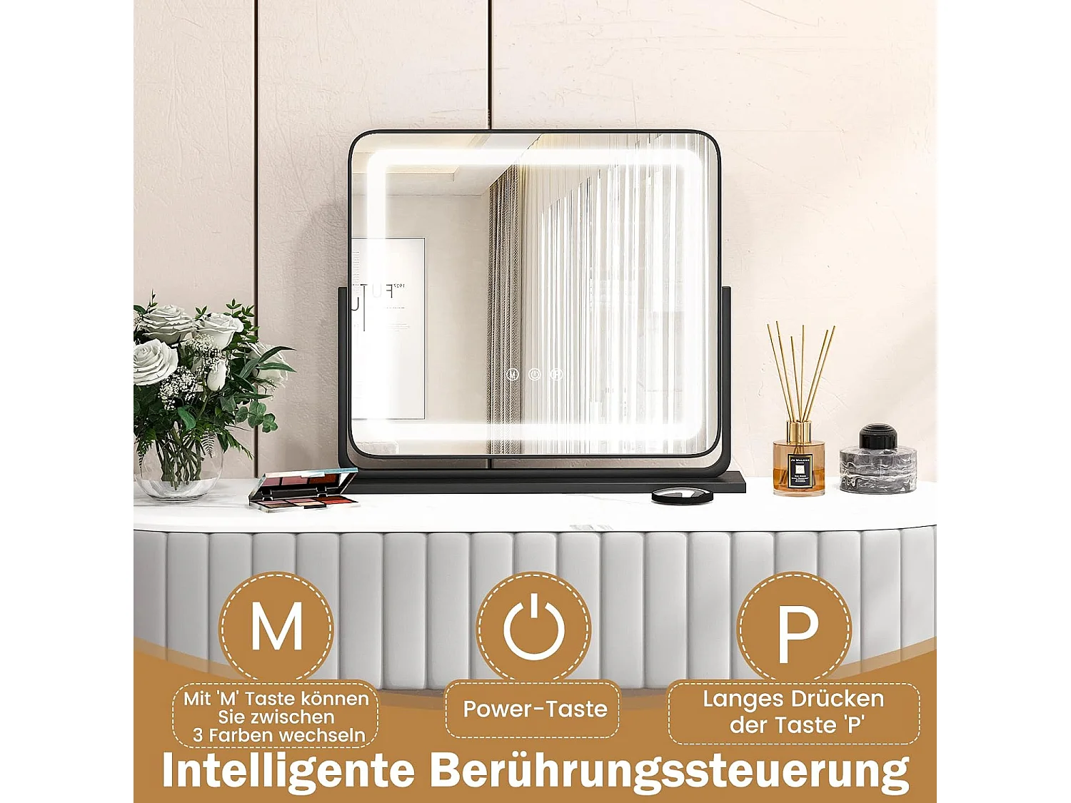 Make-upspiegel met 3 lichtkleuren Hollywood spiegel met 5 x vergroting verlichting instelbare helderheid 360 draaibare make-upspiegel touch bedieningTG32500