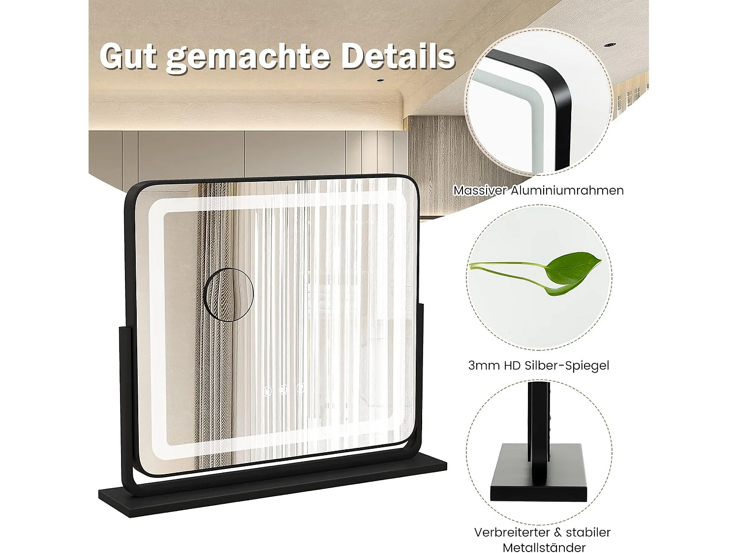 Make-upspiegel met 3 lichtkleuren Hollywood spiegel met 5 x vergroting verlichting instelbare helderheid 360 draaibare make-upspiegel touch bedieningTG32500