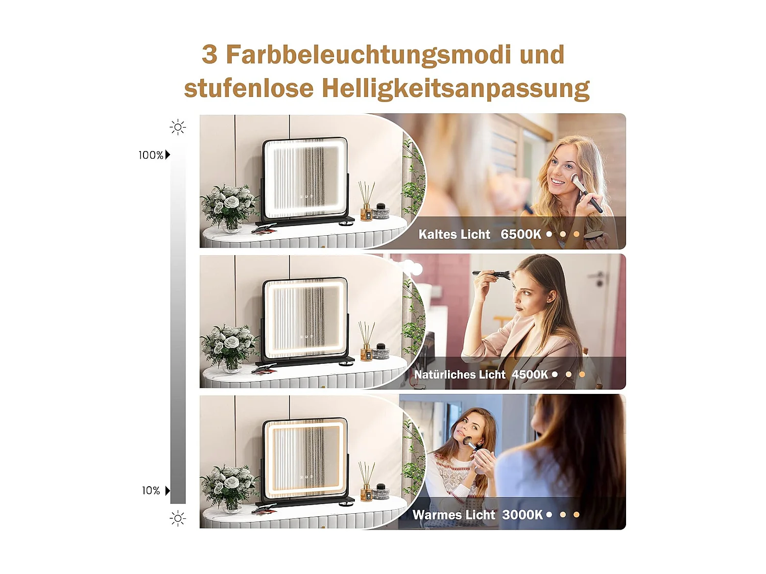 Make-upspiegel met 3 lichtkleuren Hollywood spiegel met 5 x vergroting verlichting instelbare helderheid 360 draaibare make-upspiegel touch bedieningTG32500