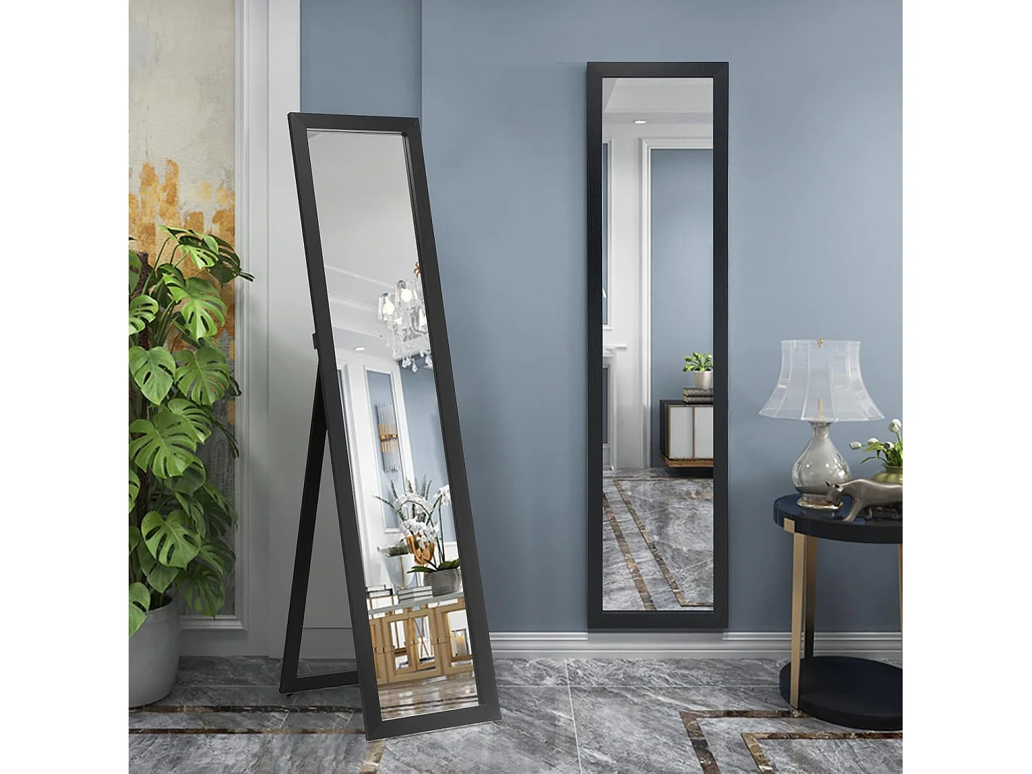 2-in-1 full-body spiegel, staande spiegel en wandspiegel met houten frame,37 x 155 cm, garderobespiegel voor slaapkamer, woonkamer en entree (zwart)TI88735