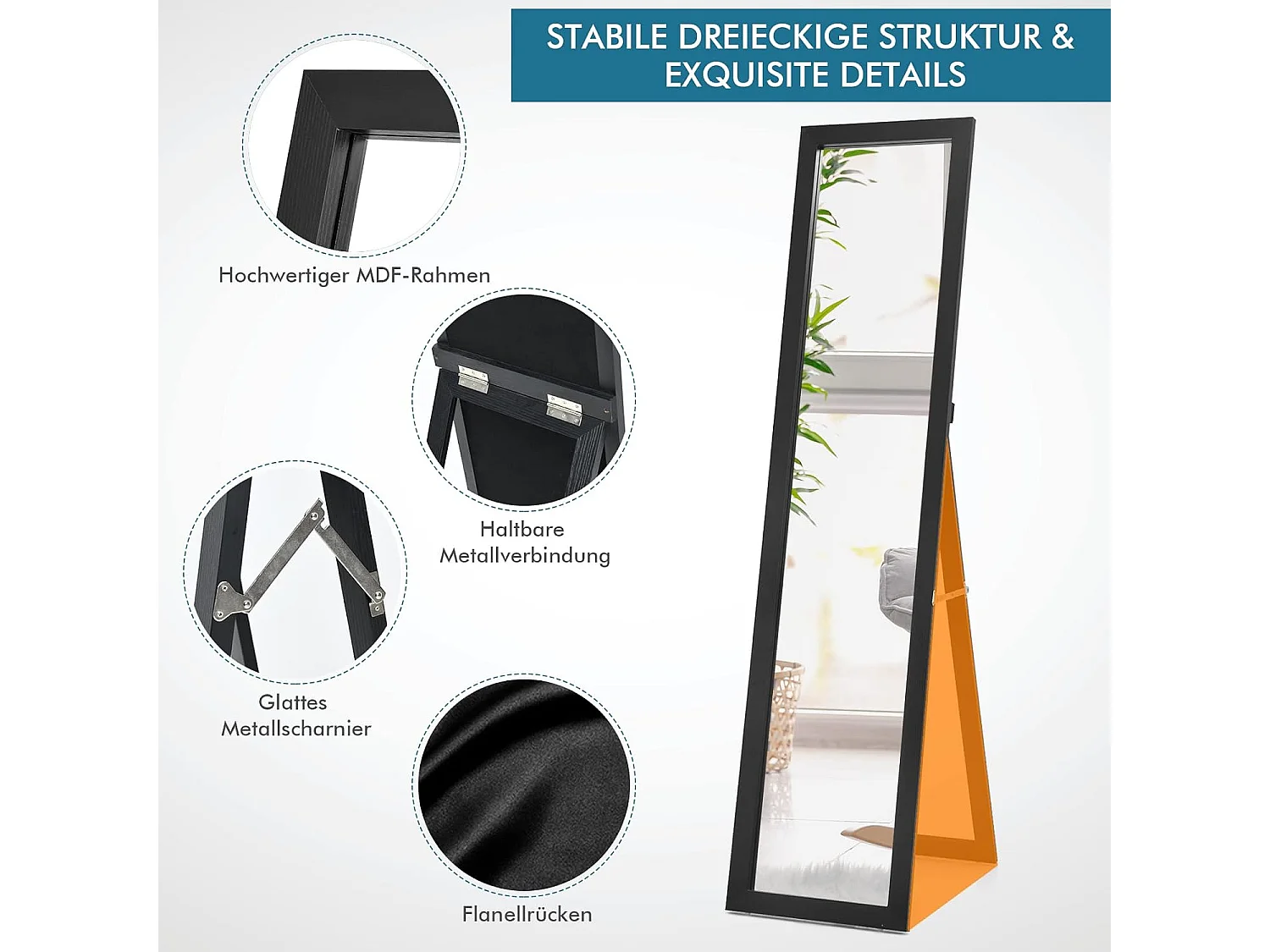 2-in-1 full-body spiegel, staande spiegel en wandspiegel met houten frame,37 x 155 cm, garderobespiegel voor slaapkamer, woonkamer en entree (zwart)TI88735