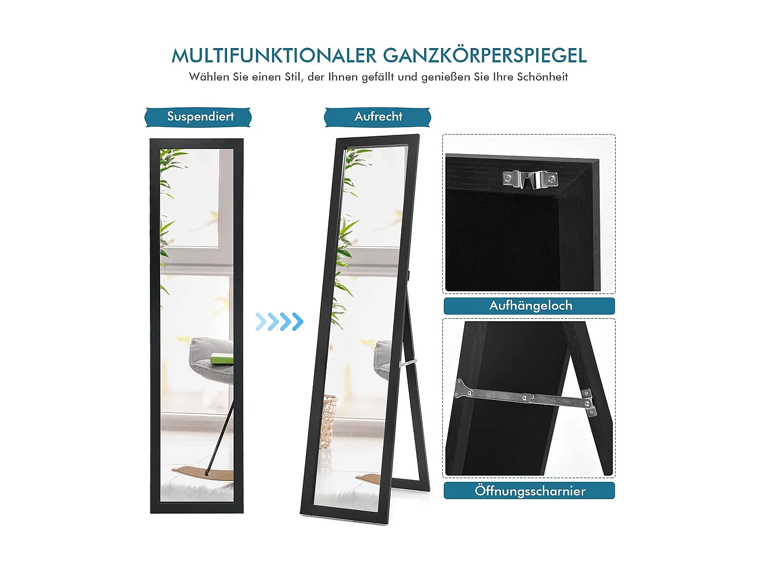 2-in-1 full-body spiegel, staande spiegel en wandspiegel met houten frame,37 x 155 cm, garderobespiegel voor slaapkamer, woonkamer en entree (zwart)TI88735