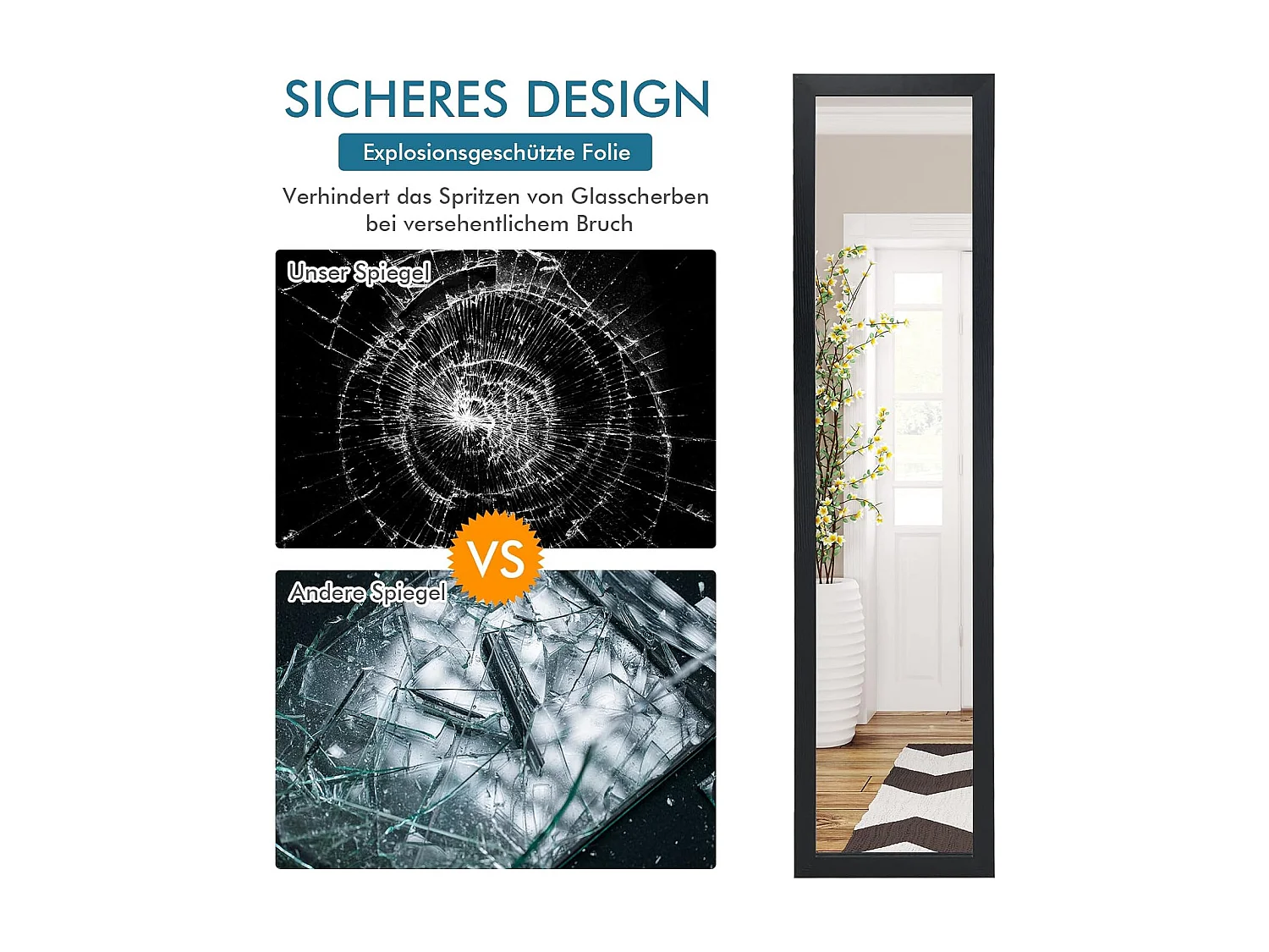 2-in-1 full-body spiegel, staande spiegel en wandspiegel met houten frame,37 x 155 cm, garderobespiegel voor slaapkamer, woonkamer en entree (zwart)TI88735