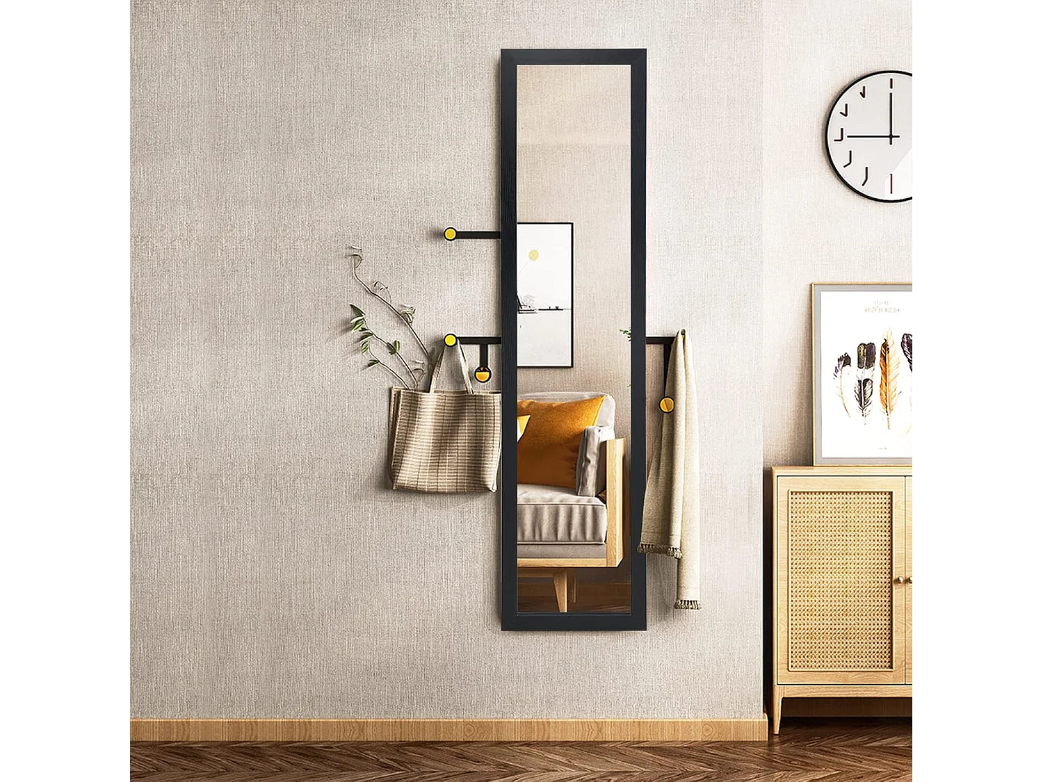 2-in-1 full-body spiegel, staande spiegel en wandspiegel met houten frame,37 x 155 cm, garderobespiegel voor slaapkamer, woonkamer en entree (zwart)TI88735
