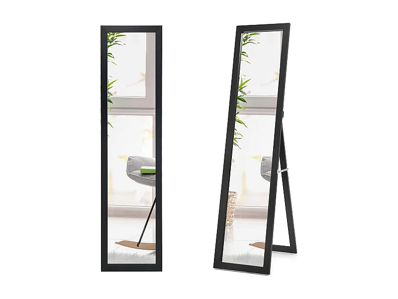 2-in-1 full-body spiegel, staande spiegel en wandspiegel met houten frame,37 x 155 cm, garderobespiegel voor slaapkamer, woonkamer en entree (zwart)TI88735