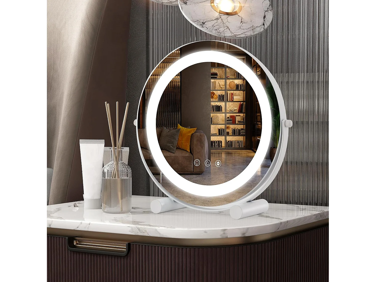 Make-upspiegel met verlichting, met aanraakschakelaar en geheugenfunctie,360 graden draaibaar, tafelspiegel voor make-uptafel en bureau, 33 x 10 x 31 cmTG32835