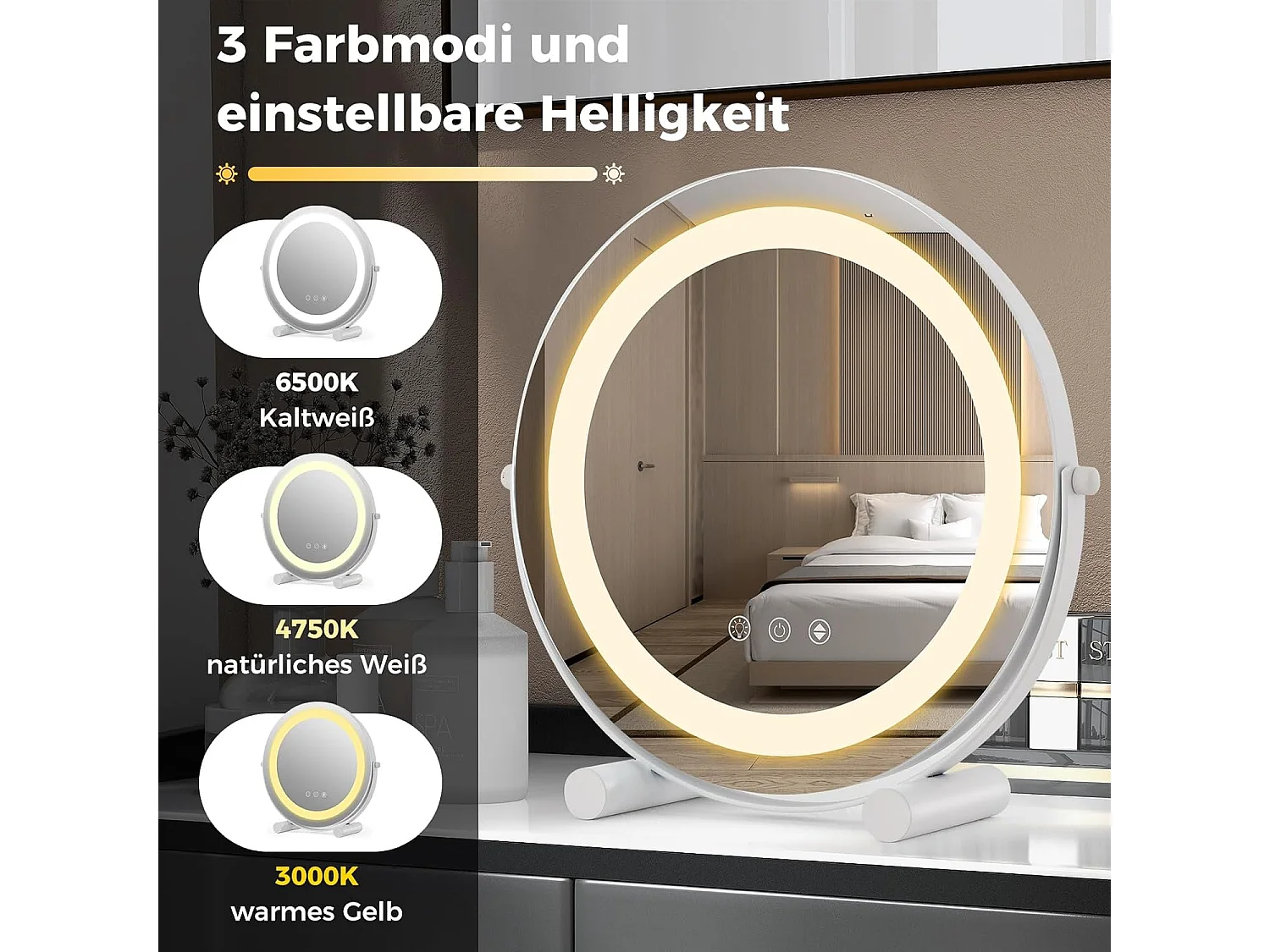 Make-upspiegel met verlichting, met aanraakschakelaar en geheugenfunctie,360 graden draaibaar, tafelspiegel voor make-uptafel en bureau, 33 x 10 x 31 cmTG32835