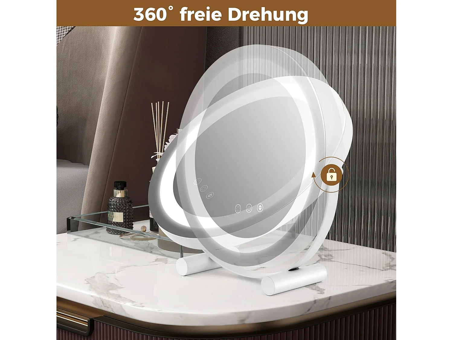 Make-upspiegel met verlichting, met aanraakschakelaar en geheugenfunctie,360 graden draaibaar, tafelspiegel voor make-uptafel en bureau, 33 x 10 x 31 cmTG32835