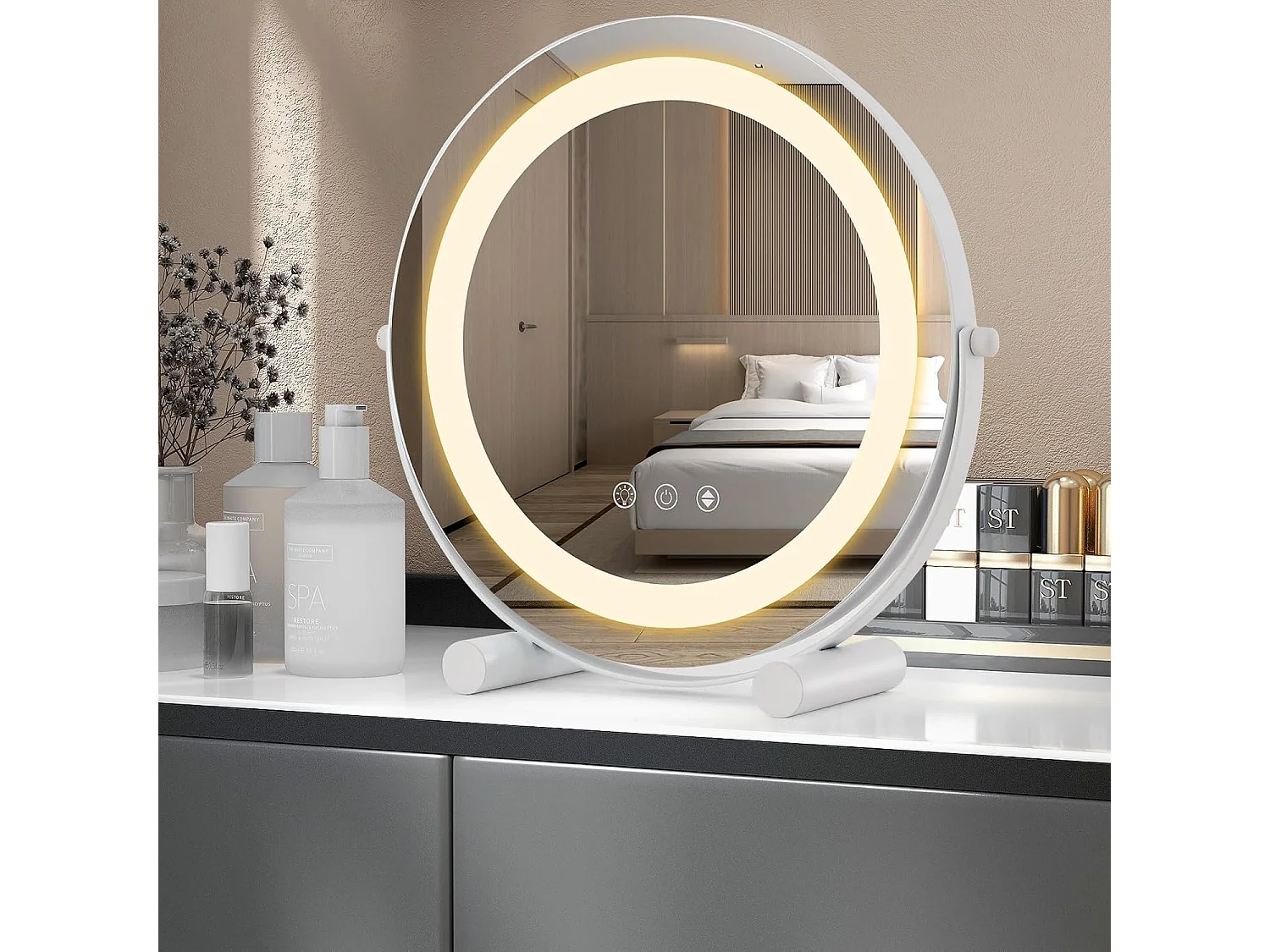 Make-upspiegel met verlichting, met aanraakschakelaar en geheugenfunctie,360 graden draaibaar, tafelspiegel voor make-uptafel en bureau, 33 x 10 x 31 cmTG32835