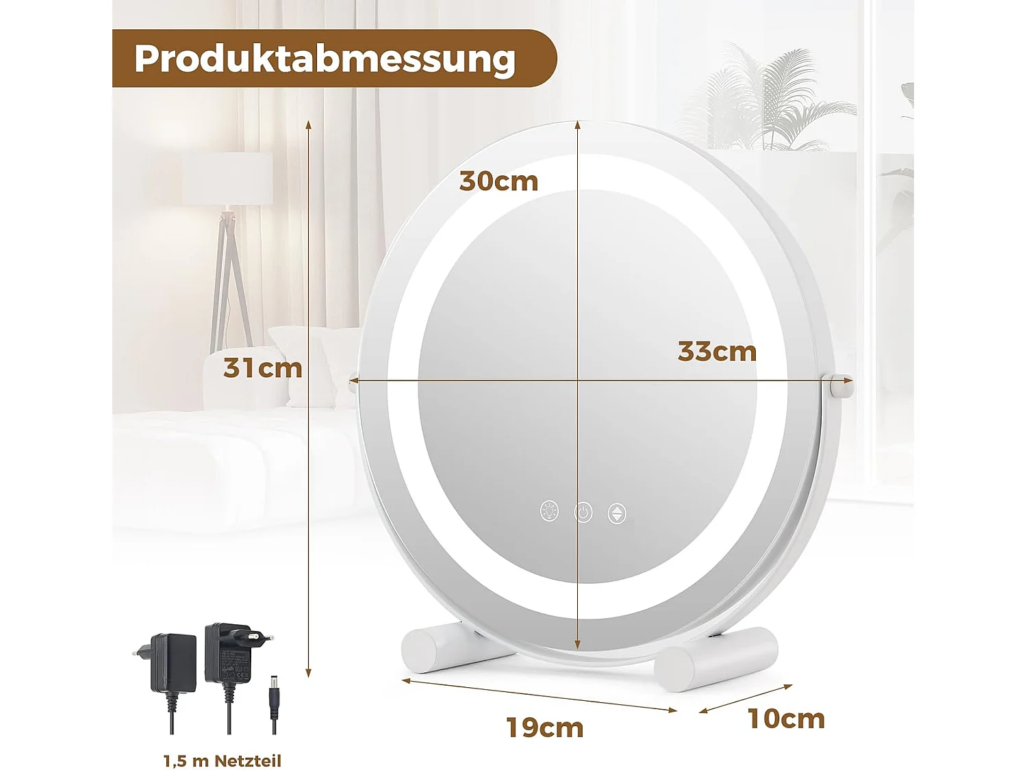 Make-upspiegel met verlichting, met aanraakschakelaar en geheugenfunctie,360 graden draaibaar, tafelspiegel voor make-uptafel en bureau, 33 x 10 x 31 cmTG32835