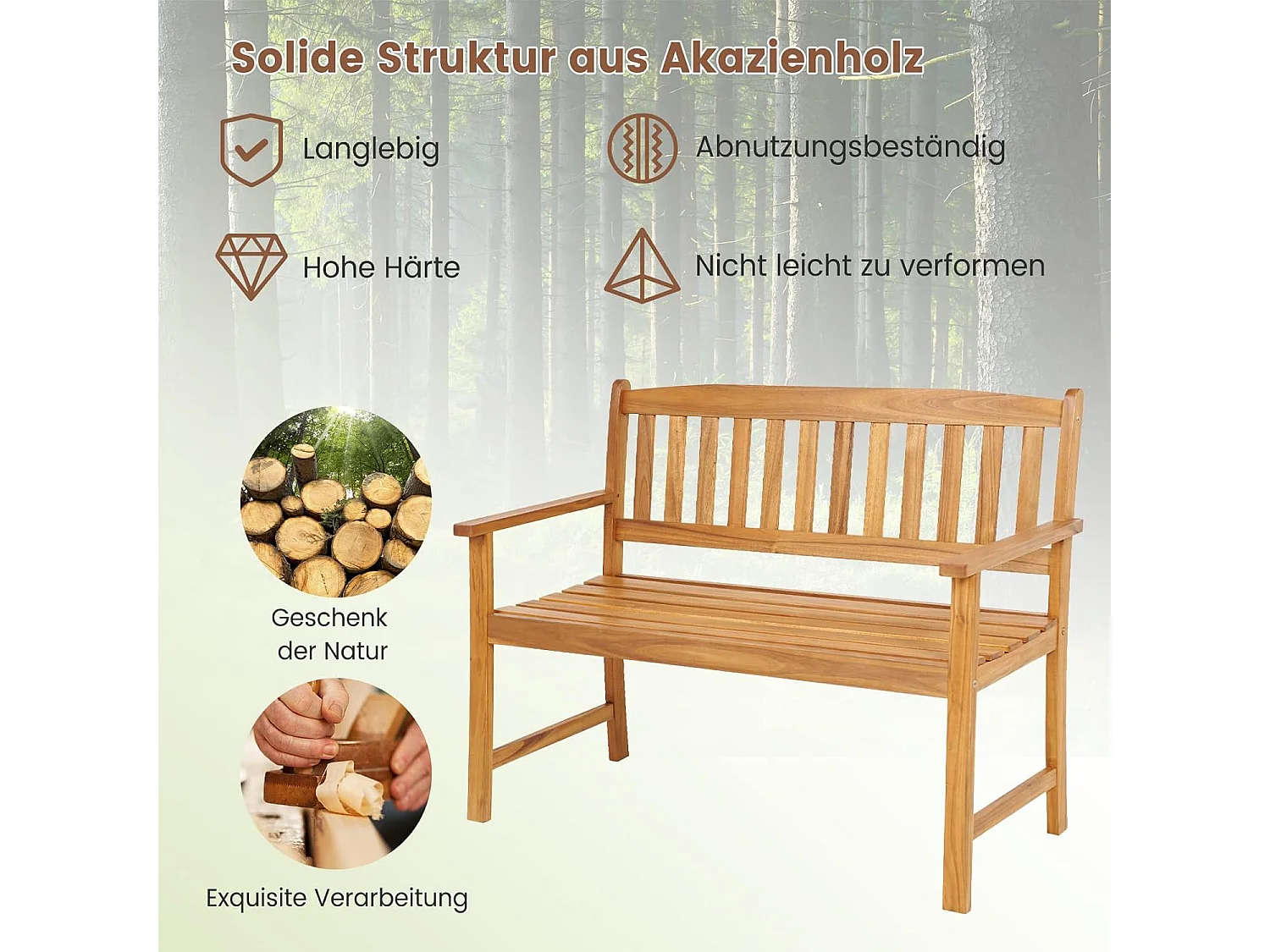 Tuinbank van acaciahout, massieve houten bank, belastbaar tot 360 kg, 2-zits, terrasbank, parkeerbank voor terras, balkon, tuin