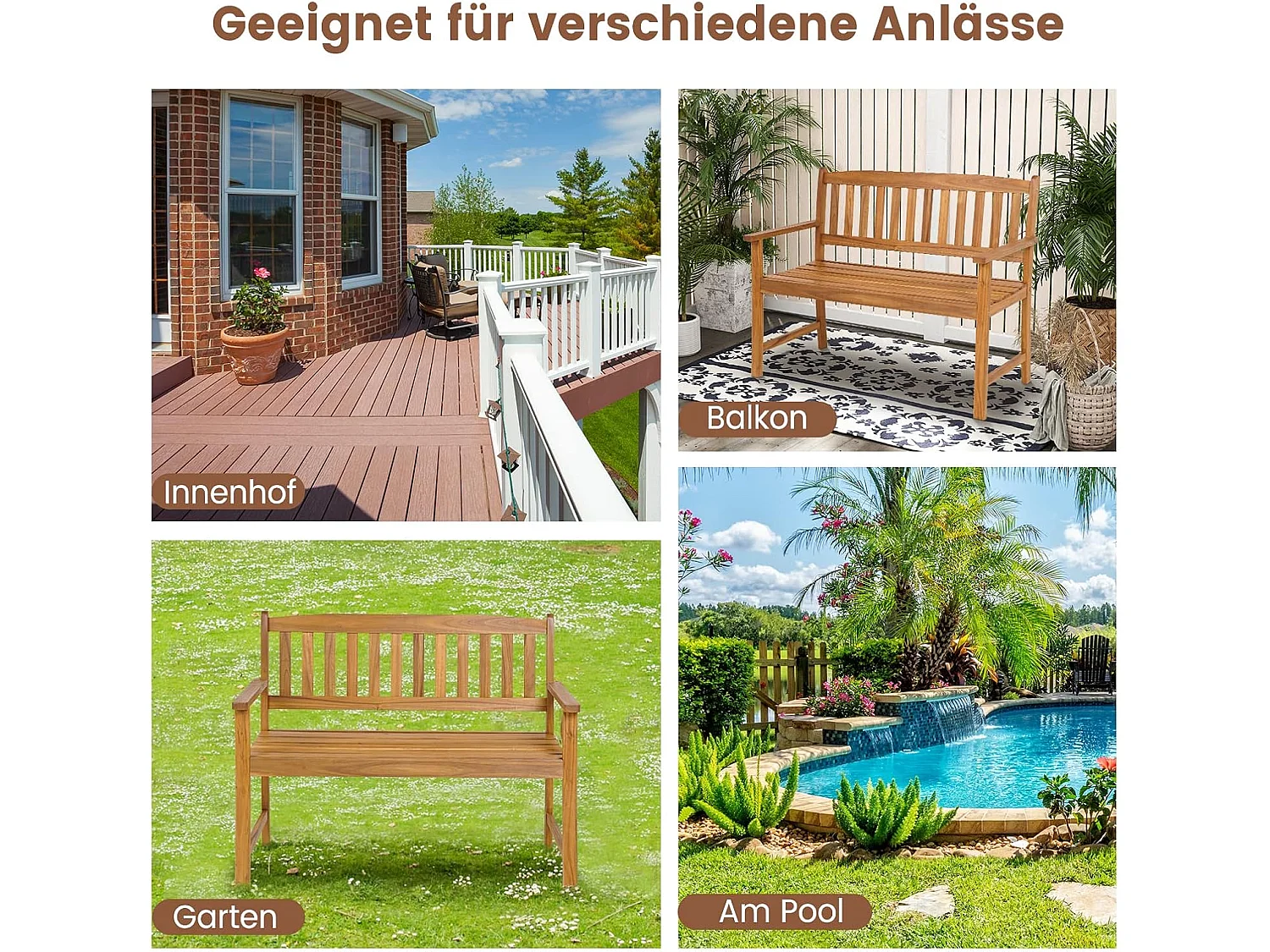 Tuinbank van acaciahout, massieve houten bank, belastbaar tot 360 kg, 2-zits, terrasbank, parkeerbank voor terras, balkon, tuin