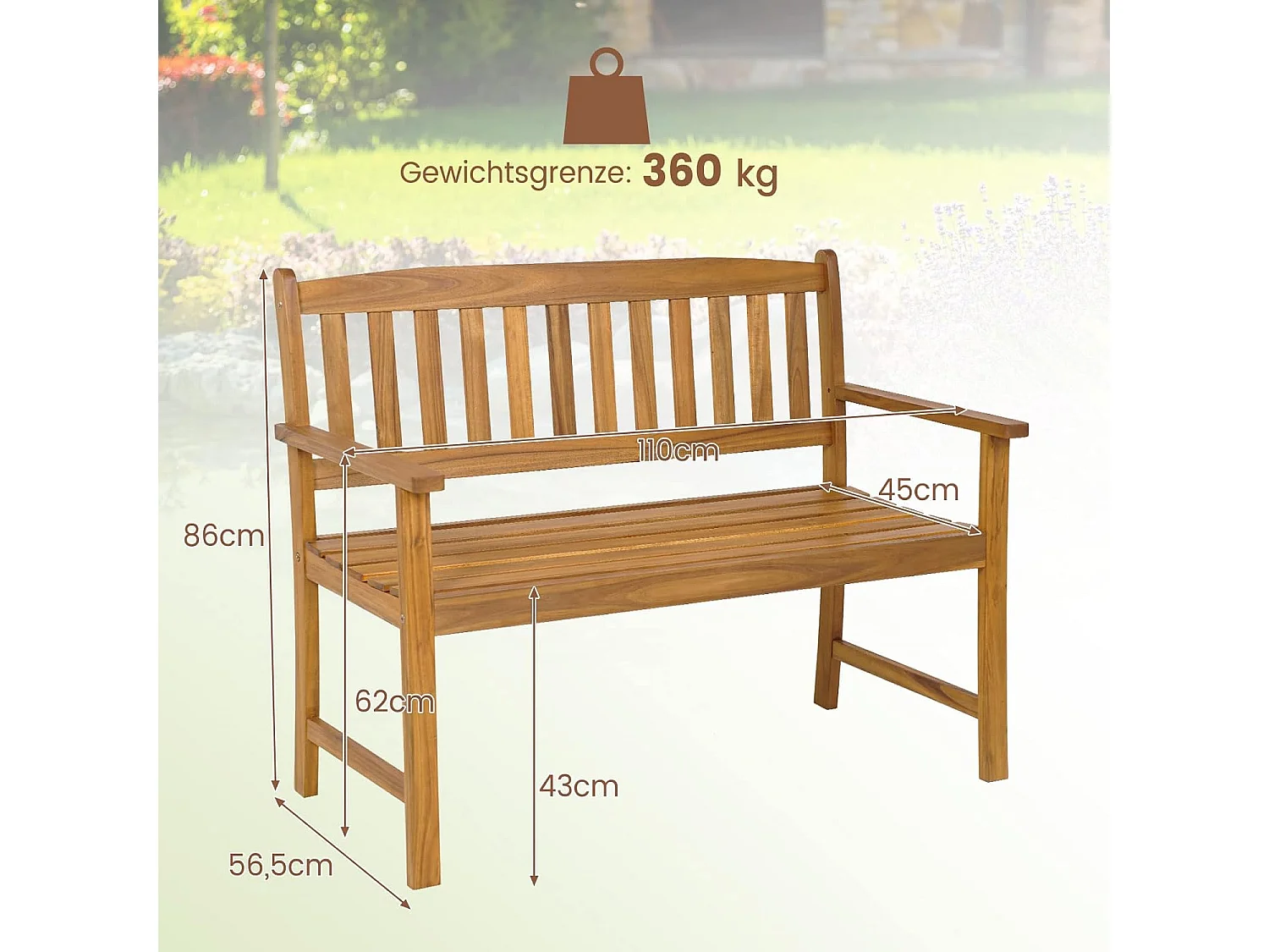 Tuinbank van acaciahout, massieve houten bank, belastbaar tot 360 kg, 2-zits, terrasbank, parkeerbank voor terras, balkon, tuin