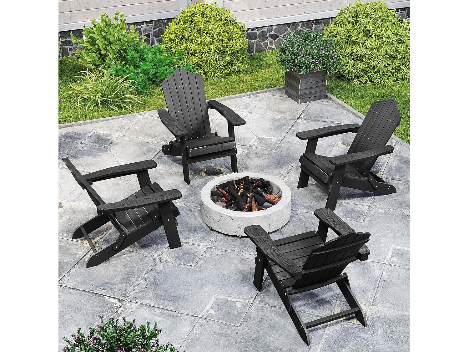 Adirondack Stoel inklapbaar,Adirondack stoel van kunststof, tuinstoel met hoge rugleuning en brede armleuningen voor tuin, terras (zwart)ZB34334