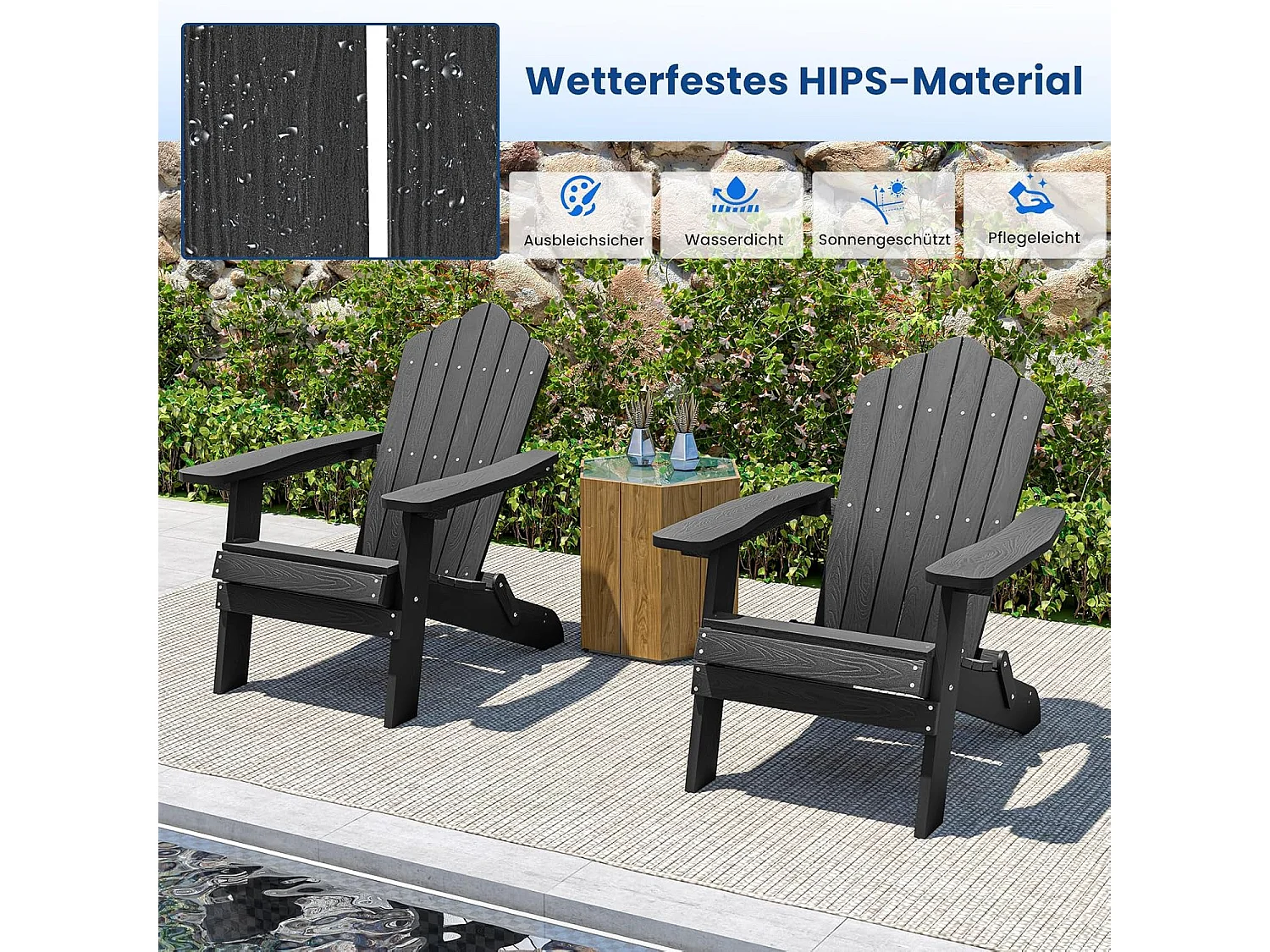 Adirondack Stoel inklapbaar,Adirondack stoel van kunststof, tuinstoel met hoge rugleuning en brede armleuningen voor tuin, terras (zwart)ZB34334