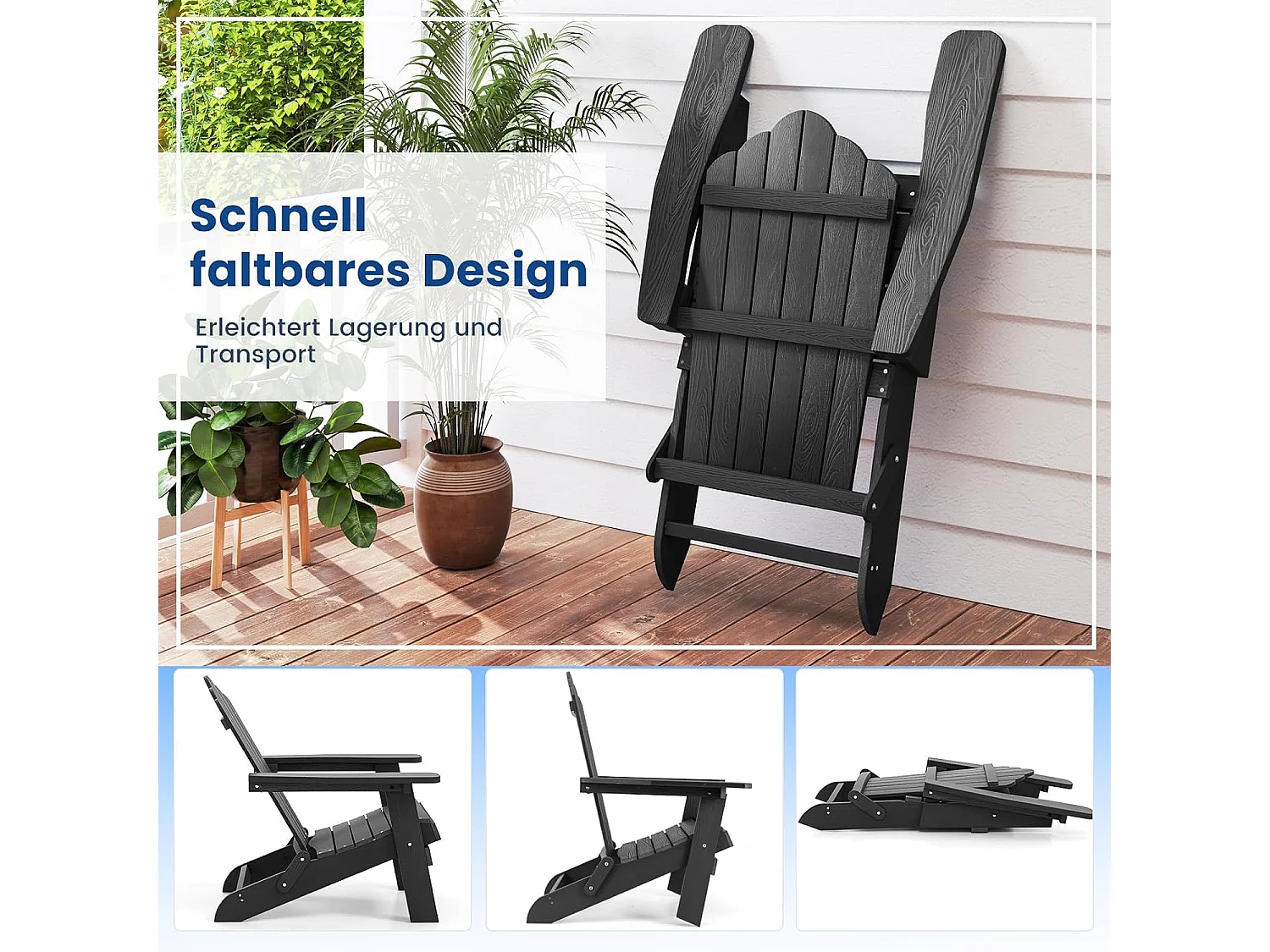 Adirondack Stoel inklapbaar,Adirondack stoel van kunststof, tuinstoel met hoge rugleuning en brede armleuningen voor tuin, terras (zwart)ZB34334