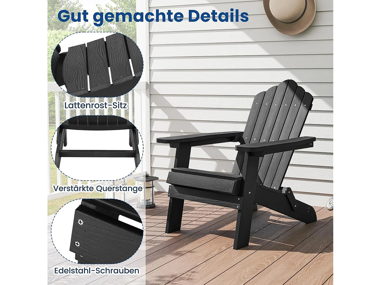 Adirondack Stoel inklapbaar,Adirondack stoel van kunststof, tuinstoel met hoge rugleuning en brede armleuningen voor tuin, terras (zwart)ZB34334