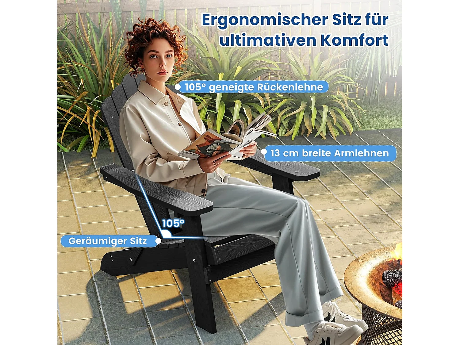 Adirondack Stoel inklapbaar,Adirondack stoel van kunststof, tuinstoel met hoge rugleuning en brede armleuningen voor tuin, terras (zwart)ZB34334