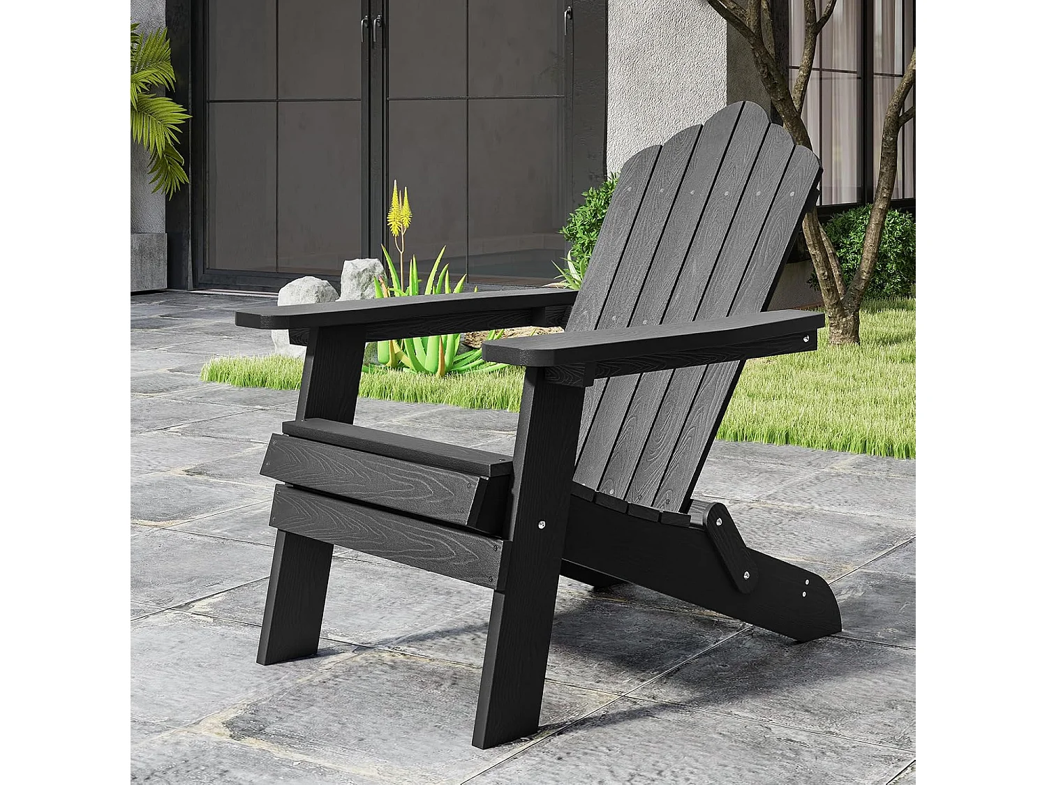 Adirondack Stoel inklapbaar,Adirondack stoel van kunststof, tuinstoel met hoge rugleuning en brede armleuningen voor tuin, terras (zwart)ZB34334