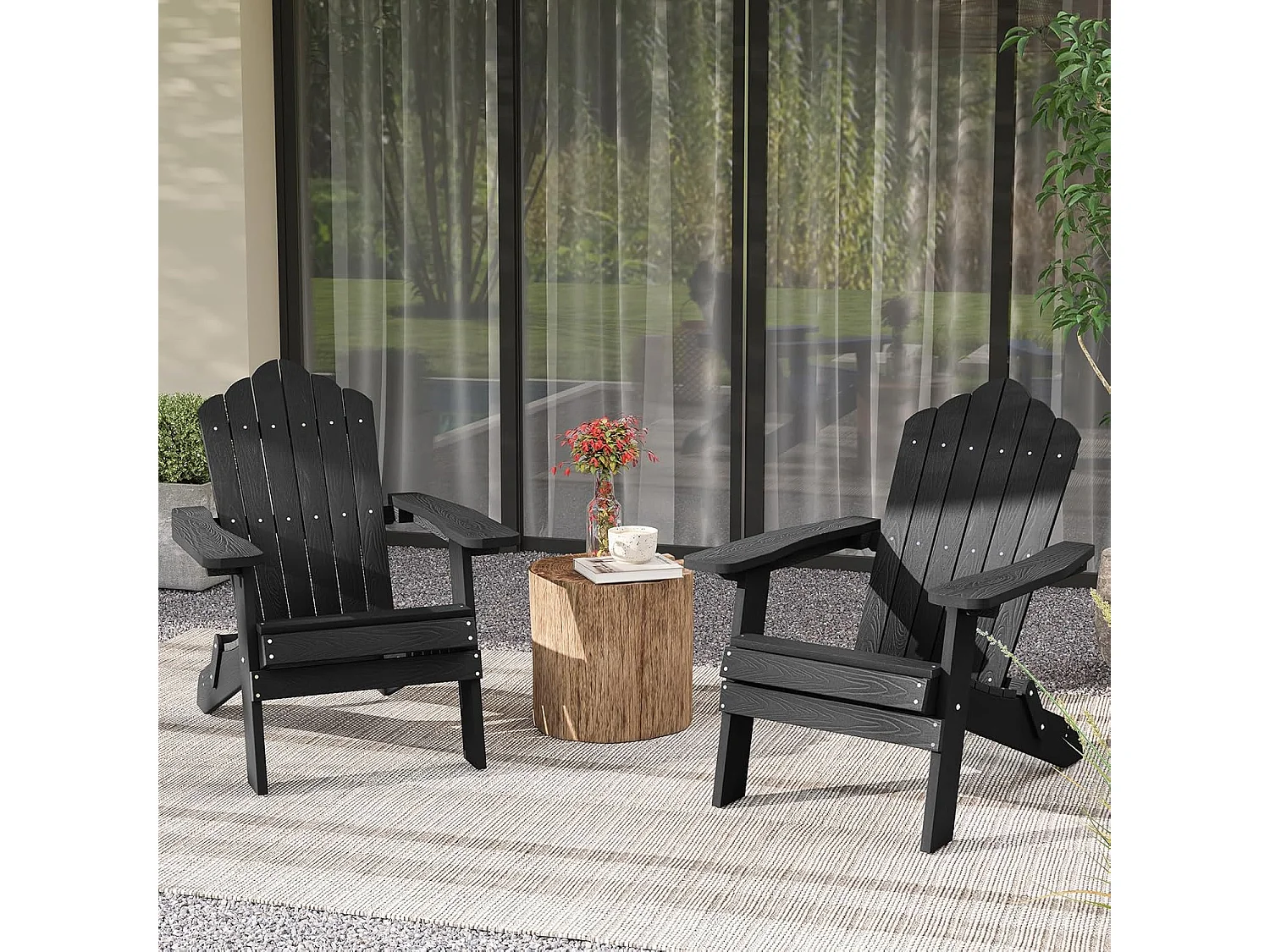 Adirondack Stoel inklapbaar,Adirondack stoel van kunststof, tuinstoel met hoge rugleuning en brede armleuningen voor tuin, terras (zwart)ZB34334