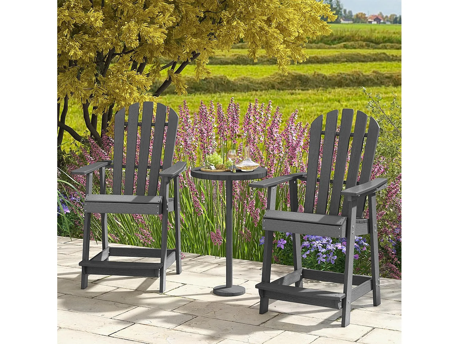 Hoge Adirondack stoel met voetensteun, weerbestendige barkruk van HDPE, balkonstoel met armleuning, outdoor Adirondack stoel voor tuin, terras (grijs)ZB33793