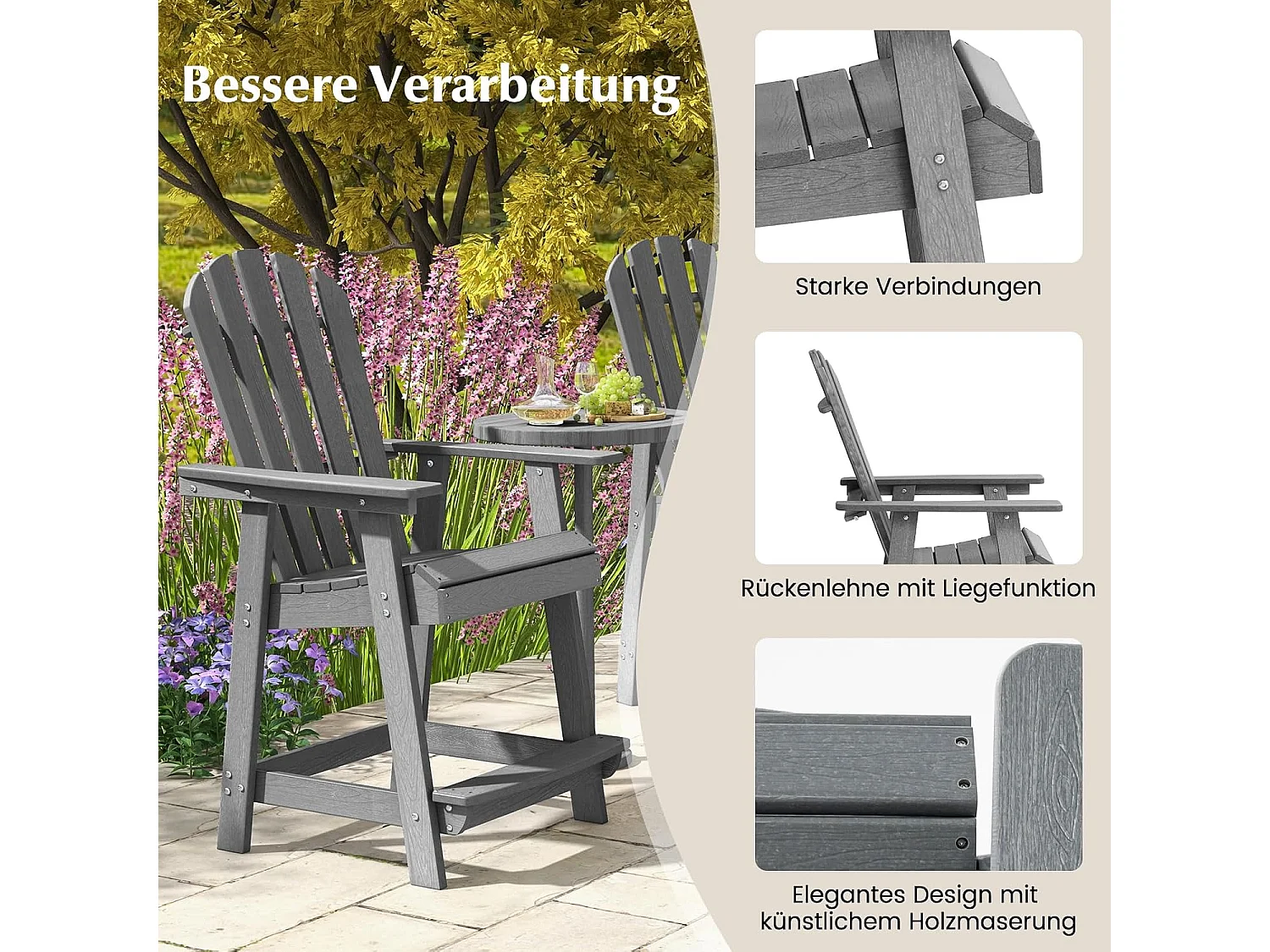 Hoge Adirondack stoel met voetensteun, weerbestendige barkruk van HDPE, balkonstoel met armleuning, outdoor Adirondack stoel voor tuin, terras (grijs)ZB33793