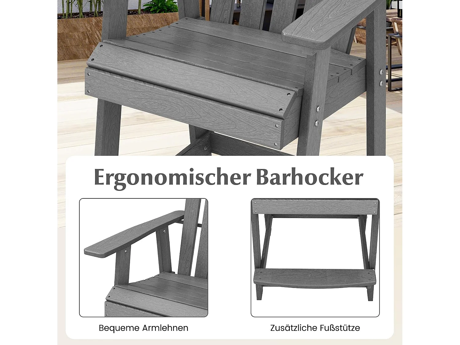 Hoge Adirondack stoel met voetensteun, weerbestendige barkruk van HDPE, balkonstoel met armleuning, outdoor Adirondack stoel voor tuin, terras (grijs)ZB33793