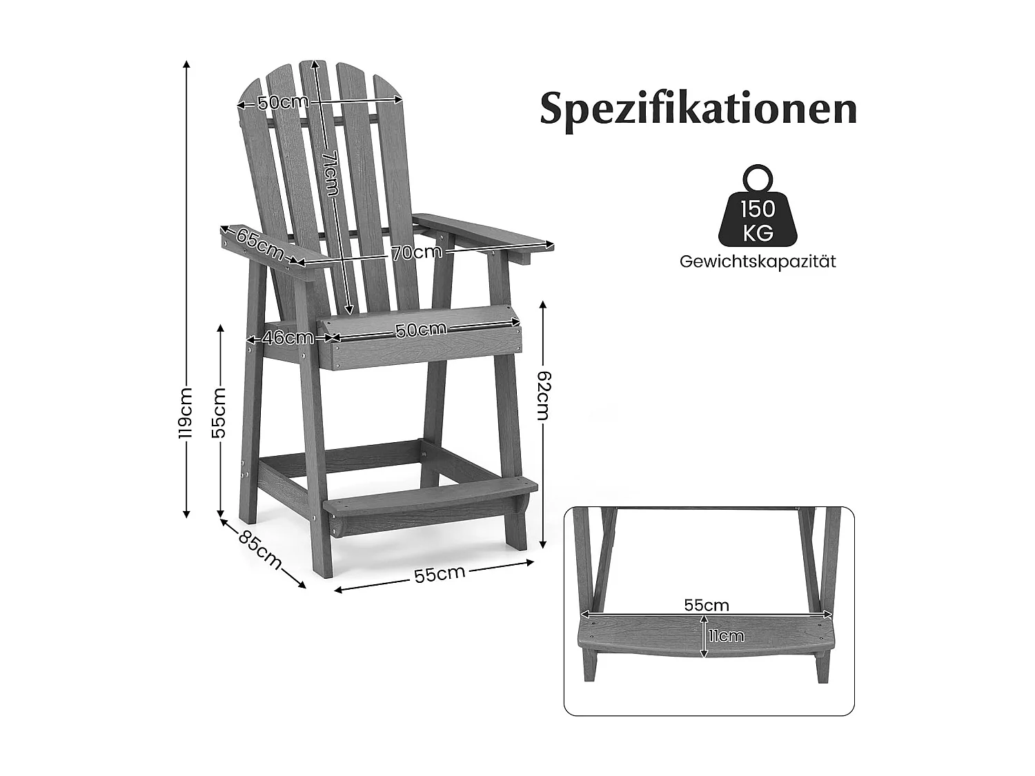 Hoge Adirondack stoel met voetensteun, weerbestendige barkruk van HDPE, balkonstoel met armleuning, outdoor Adirondack stoel voor tuin, terras (grijs)ZB33793