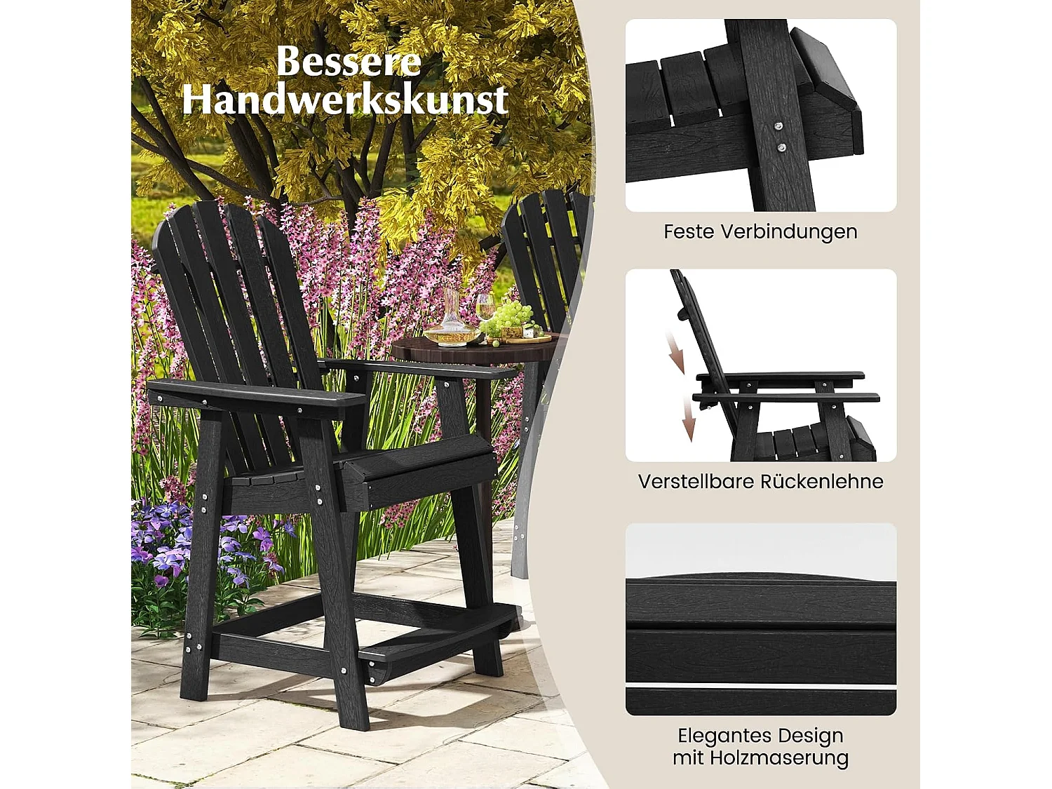 Hoge Adirondack stoel met voetensteun, weerbestendige barkruk van HDPE, balkonstoel met armleuning, outdoor Adirondack stoel voor tuin, terras (zwart)ZB33793