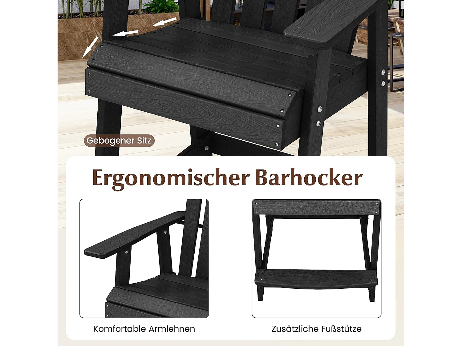 Hoge Adirondack stoel met voetensteun, weerbestendige barkruk van HDPE, balkonstoel met armleuning, outdoor Adirondack stoel voor tuin, terras (zwart)ZB33793