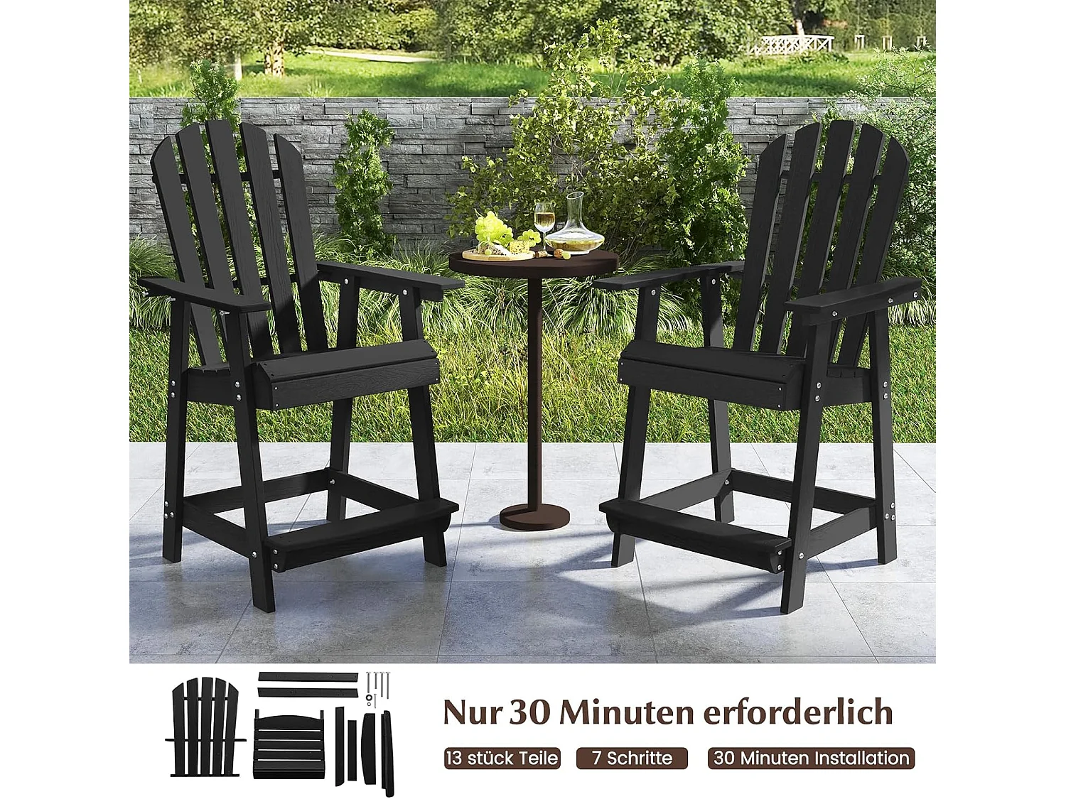 Hoge Adirondack stoel met voetensteun, weerbestendige barkruk van HDPE, balkonstoel met armleuning, outdoor Adirondack stoel voor tuin, terras (zwart)ZB33793