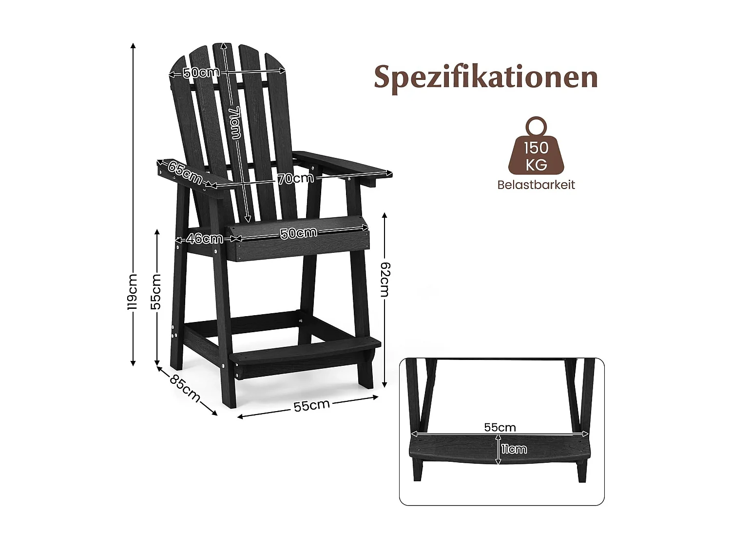 Hoge Adirondack stoel met voetensteun, weerbestendige barkruk van HDPE, balkonstoel met armleuning, outdoor Adirondack stoel voor tuin, terras (zwart)ZB33793