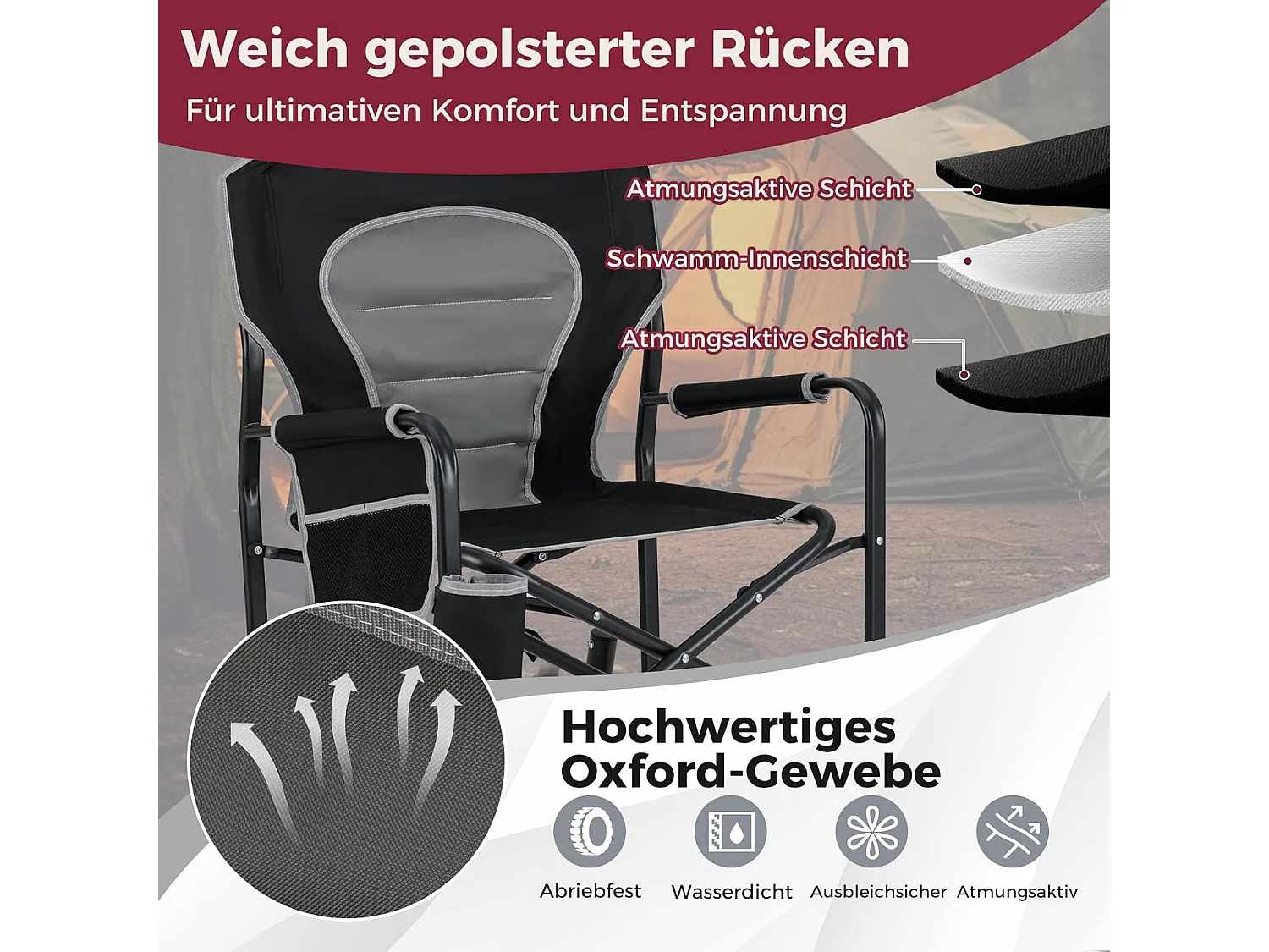 Campingstoel, opvouwbaar, visstoel met kantelfunctie, bekerhouder en zijzak, regisseursstoel met gevoerde rugleuning, klapstoel voor kamperen, vissenZB33156