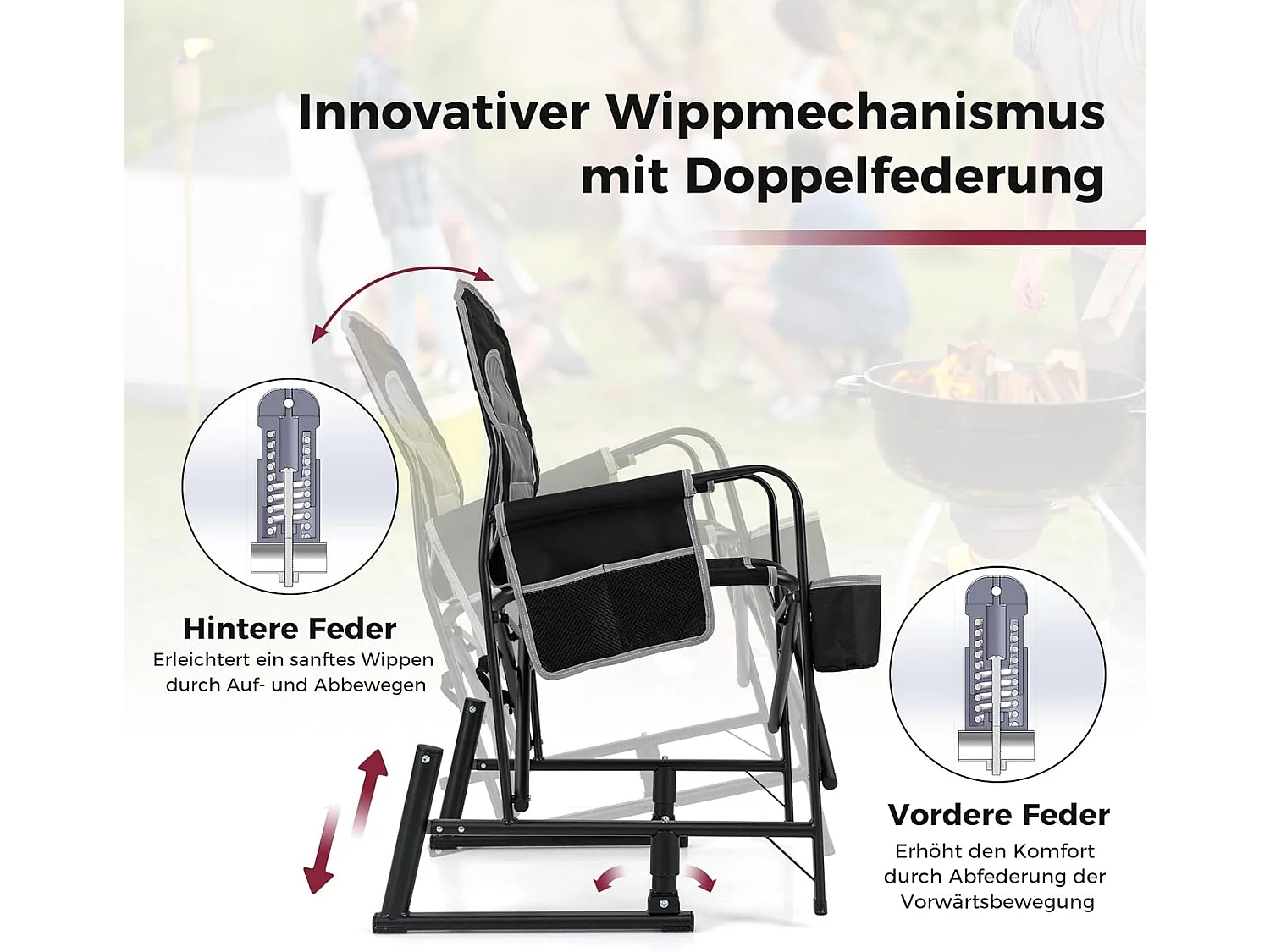 Campingstoel, opvouwbaar, visstoel met kantelfunctie, bekerhouder en zijzak, regisseursstoel met gevoerde rugleuning, klapstoel voor kamperen, vissenZB33156