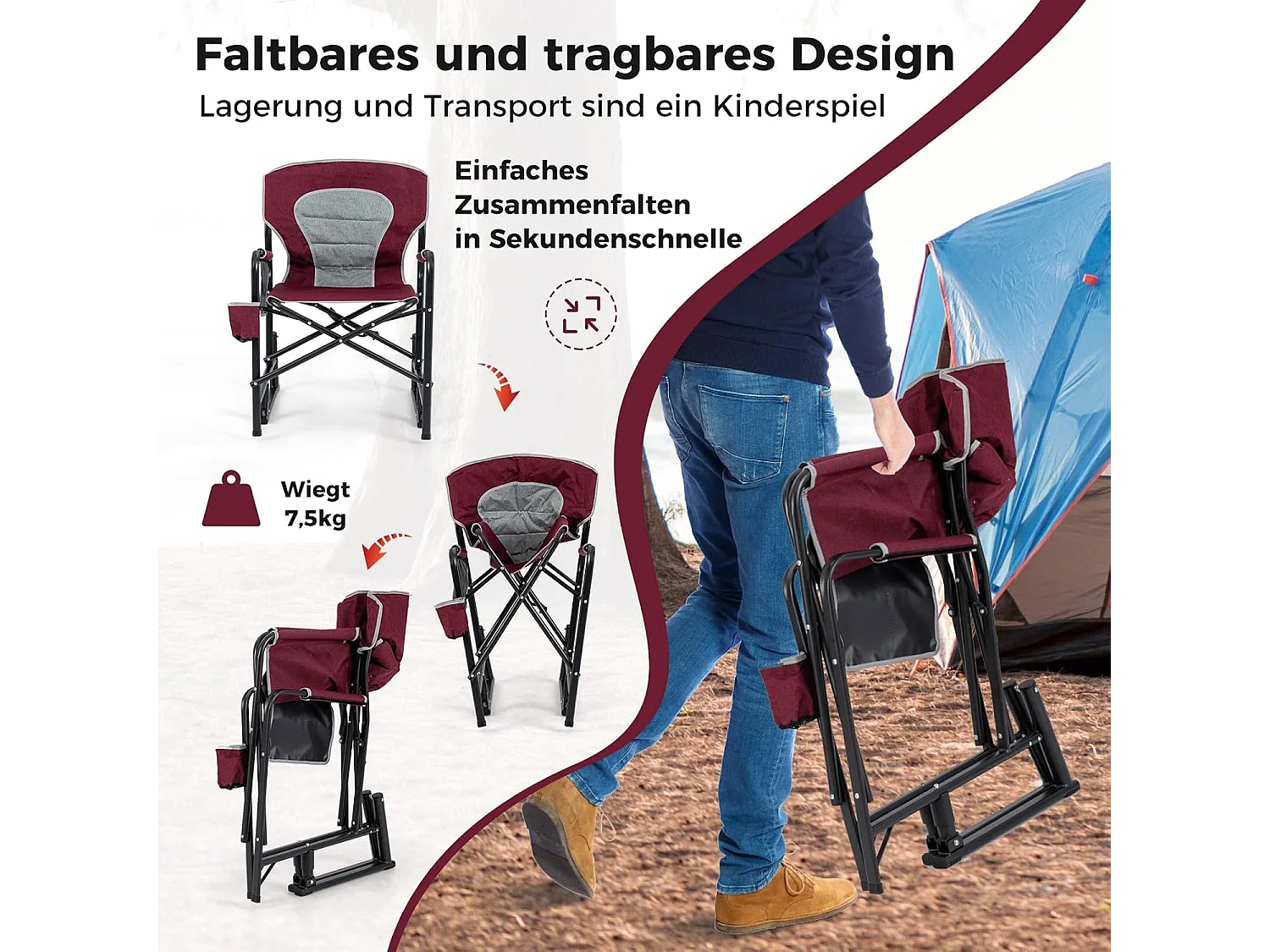 Campingstoel, opvouwbaar, visstoel met kantelfunctie, bekerhouder en zijzak, regisseursstoel met gevoerde rugleuning, klapstoel voor kamperen, vissenZB33156