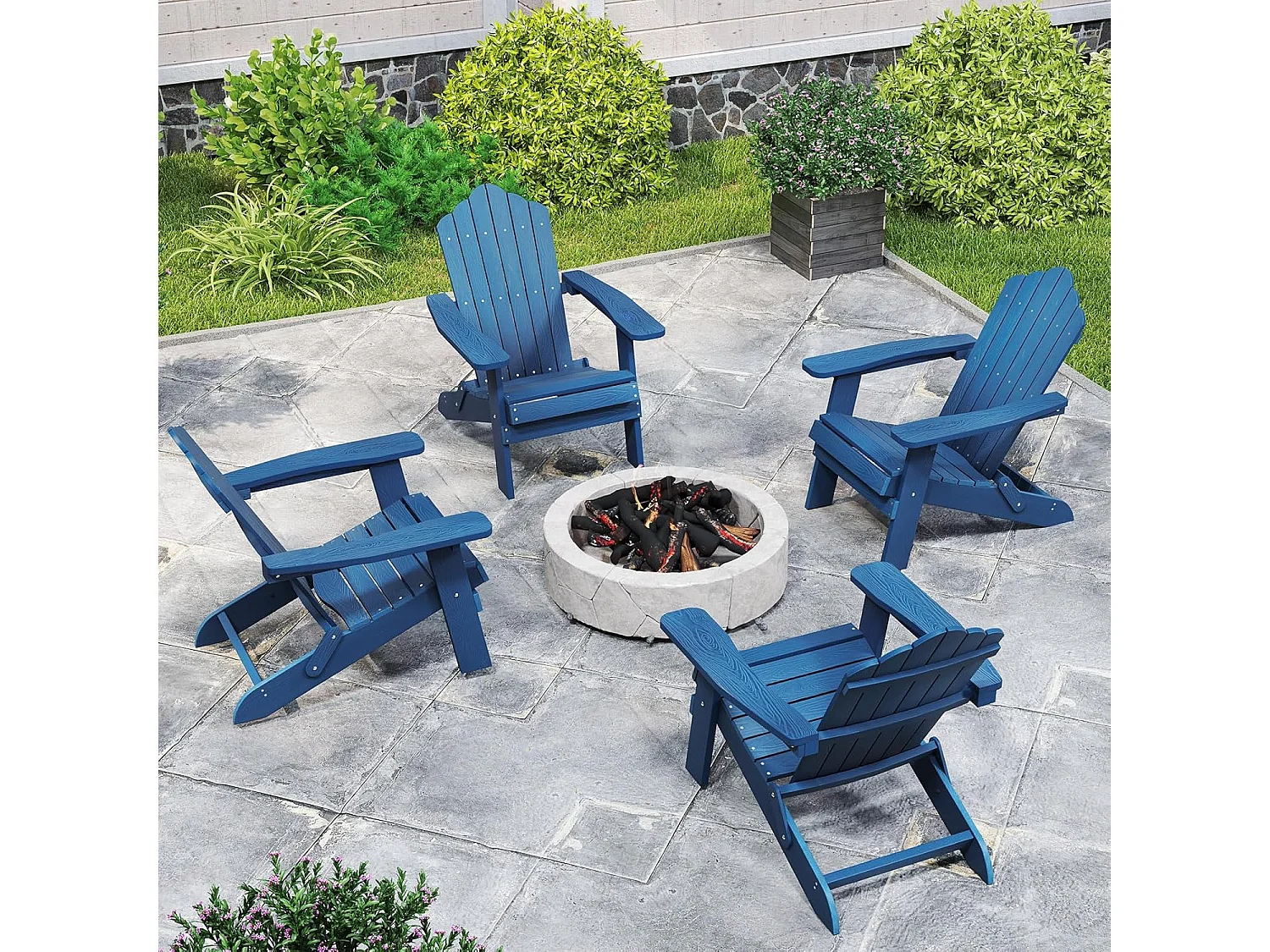 Adirondack Stoel inklapbaar, weerbestendige Adirondack stoel van kunststof, tuinstoel met hoge rugleuning en brede armleuningen voor tuin, terras(marine)ZB34334