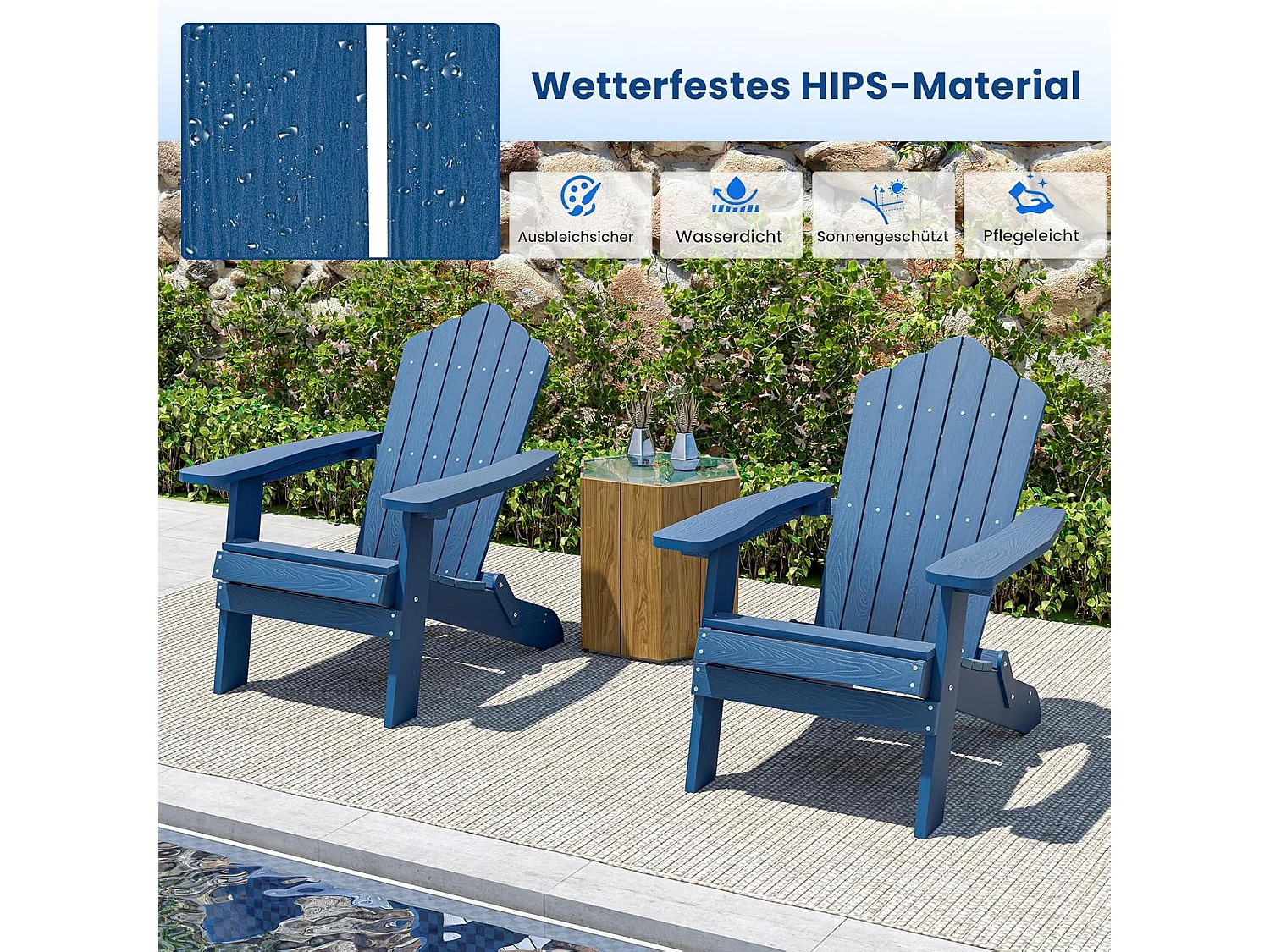 Adirondack Stoel inklapbaar, weerbestendige Adirondack stoel van kunststof, tuinstoel met hoge rugleuning en brede armleuningen voor tuin, terras(marine)ZB34334