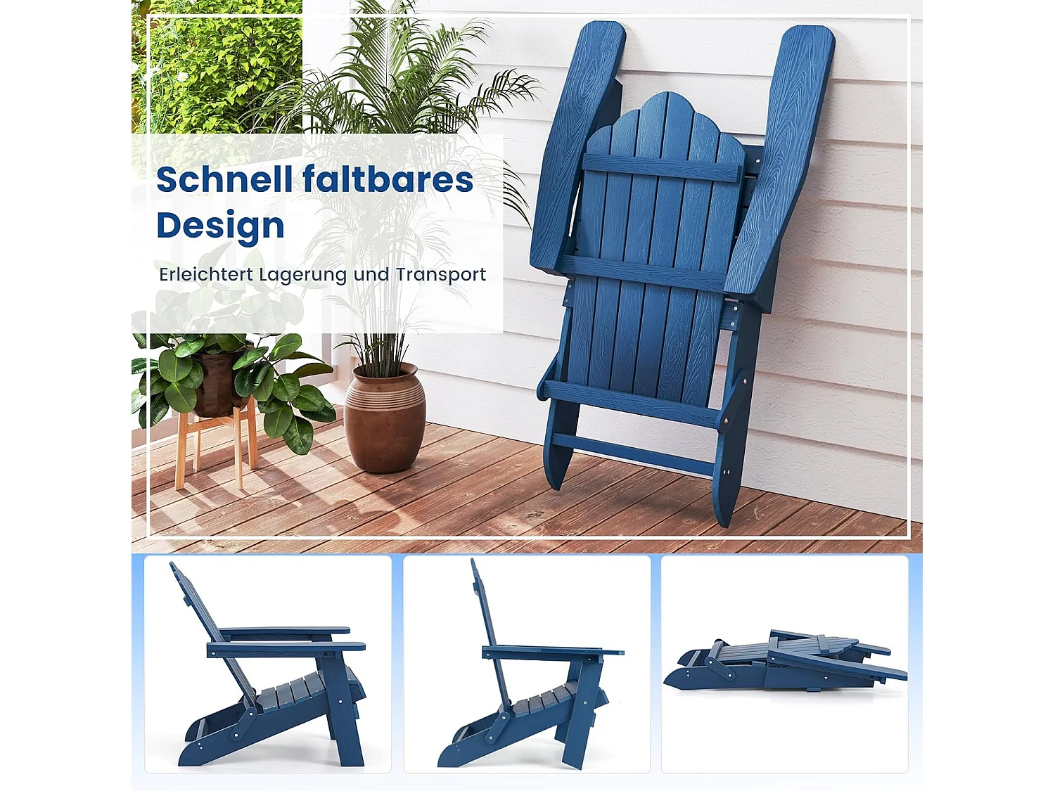 Adirondack Stoel inklapbaar, weerbestendige Adirondack stoel van kunststof, tuinstoel met hoge rugleuning en brede armleuningen voor tuin, terras(marine)ZB34334