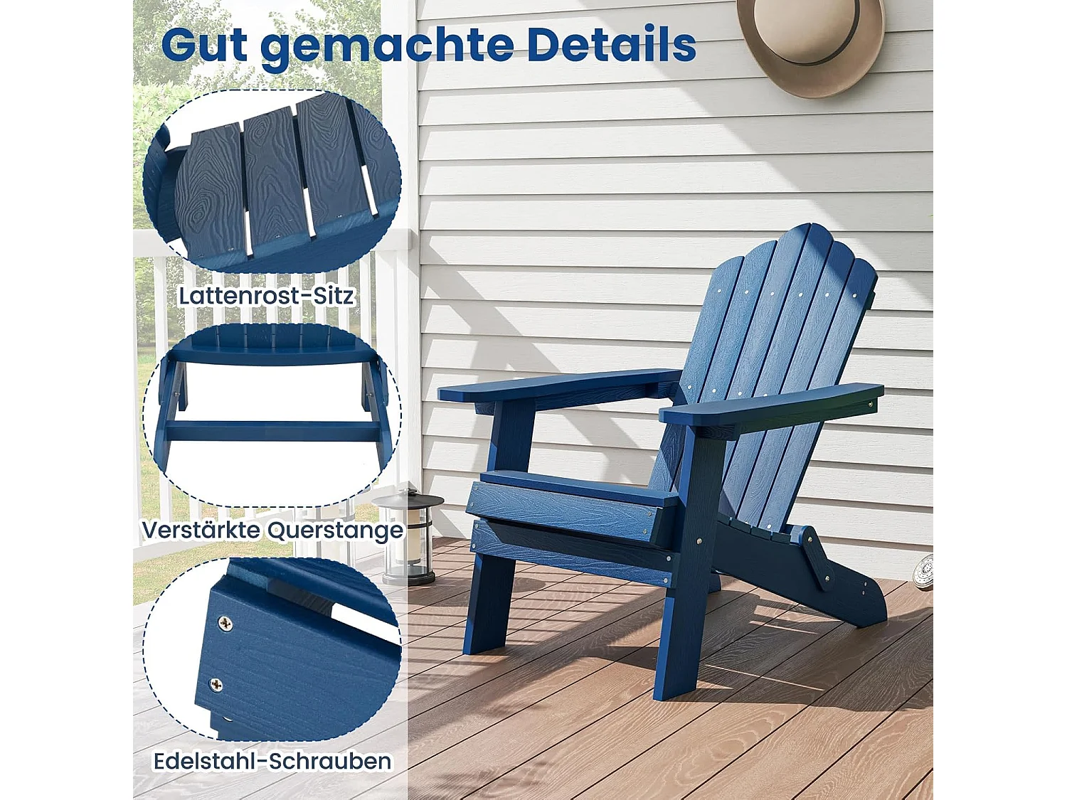 Adirondack Stoel inklapbaar, weerbestendige Adirondack stoel van kunststof, tuinstoel met hoge rugleuning en brede armleuningen voor tuin, terras(marine)ZB34334