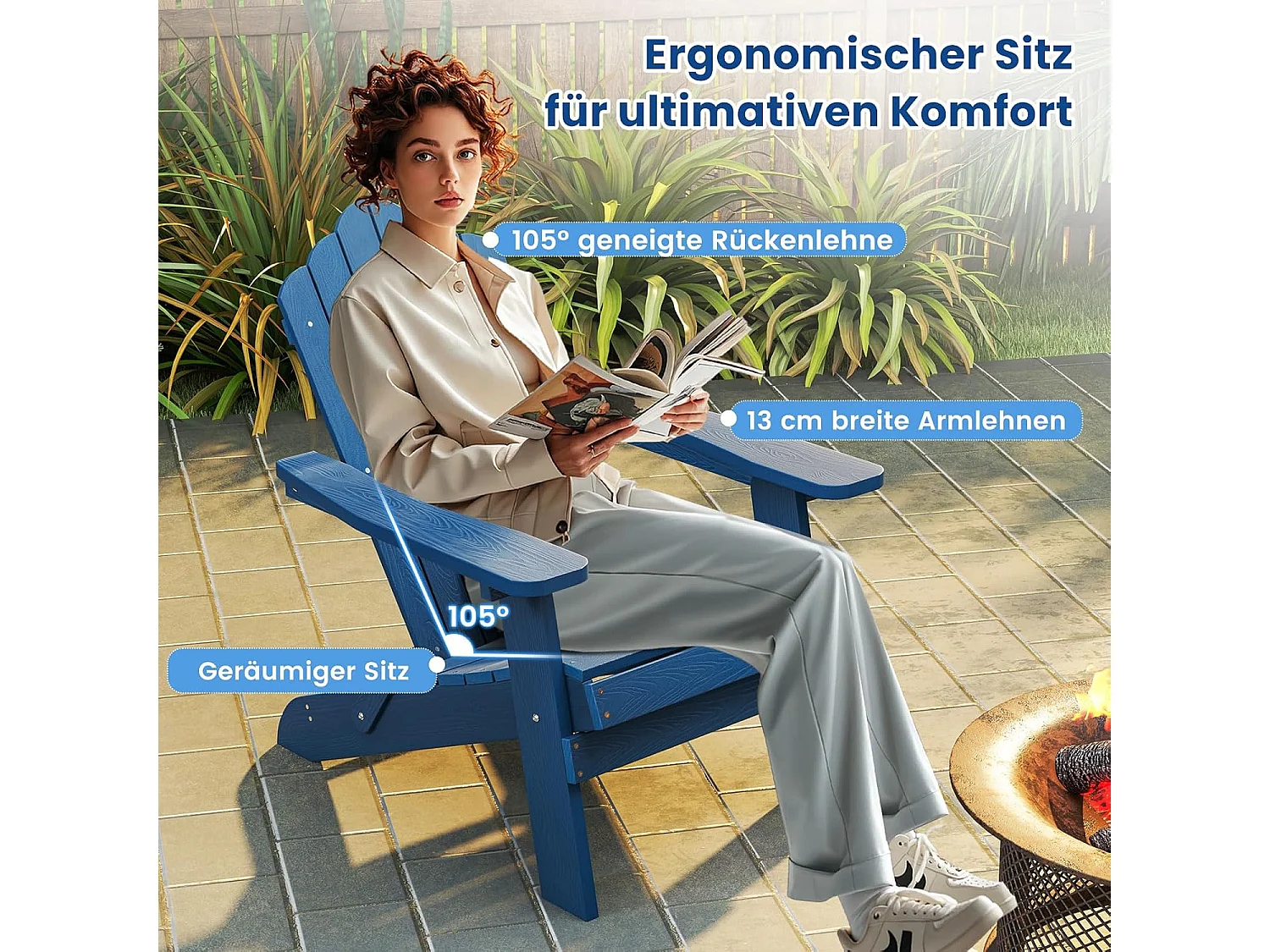 Adirondack Stoel inklapbaar, weerbestendige Adirondack stoel van kunststof, tuinstoel met hoge rugleuning en brede armleuningen voor tuin, terras(marine)ZB34334
