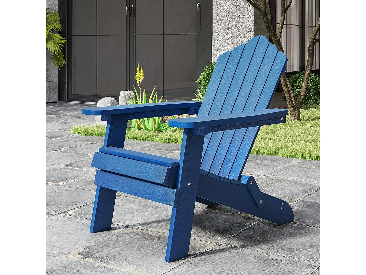 Adirondack Stoel inklapbaar, weerbestendige Adirondack stoel van kunststof, tuinstoel met hoge rugleuning en brede armleuningen voor tuin, terras(marine)ZB34334