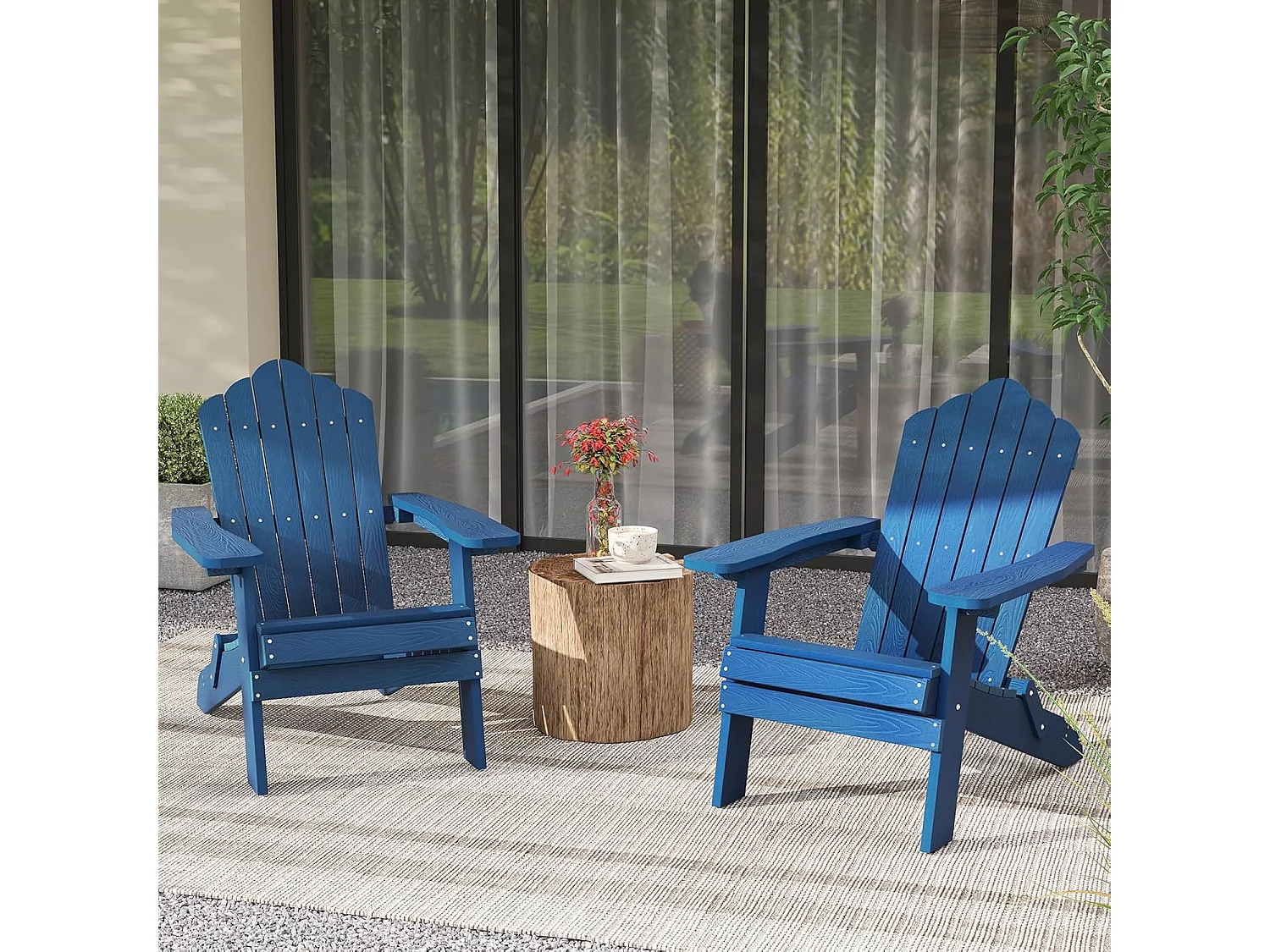 Adirondack Stoel inklapbaar, weerbestendige Adirondack stoel van kunststof, tuinstoel met hoge rugleuning en brede armleuningen voor tuin, terras(marine)ZB34334