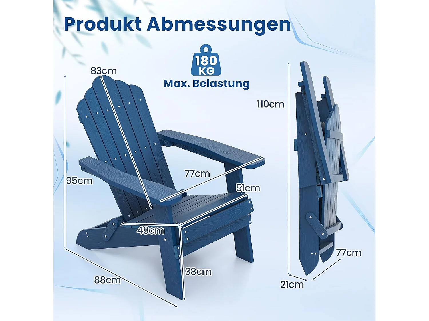Adirondack Stoel inklapbaar, weerbestendige Adirondack stoel van kunststof, tuinstoel met hoge rugleuning en brede armleuningen voor tuin, terras(marine)ZB34334